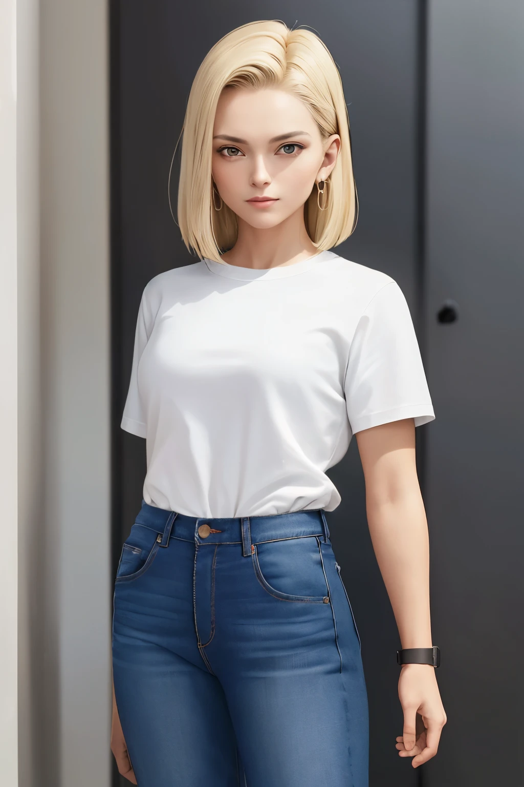 obra de arte, (fotorrealista:1.4), melhor qualidade, beautiful lighting, Android18DB, Sozinho, brincos, joia, olhando_no_visualizador, jaqueta, Jeans, camisa, superior_corpo, colete, Jeans_jaqueta, Nuvem, sky, Preto_camisa, fechado_boca, dia, azul_sky, ao ar livre, rasgado_roupas, listrado, listrado_mangas, montanha,  foto crua, 8K Ultra HD, Film grain,