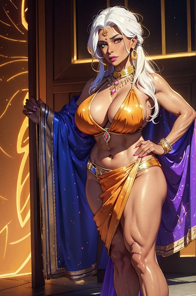 1female, hologram of a mature 50-year-old indian ifbb bimbo milf, dark skinned, white hair, orange hair, intricate sheer iridescent sari, sparkling crystals, shiny gold bra, glowing neon heels, tiger stripes print, detailed face, lipstick, thick lips, detailed body, detailed outfit