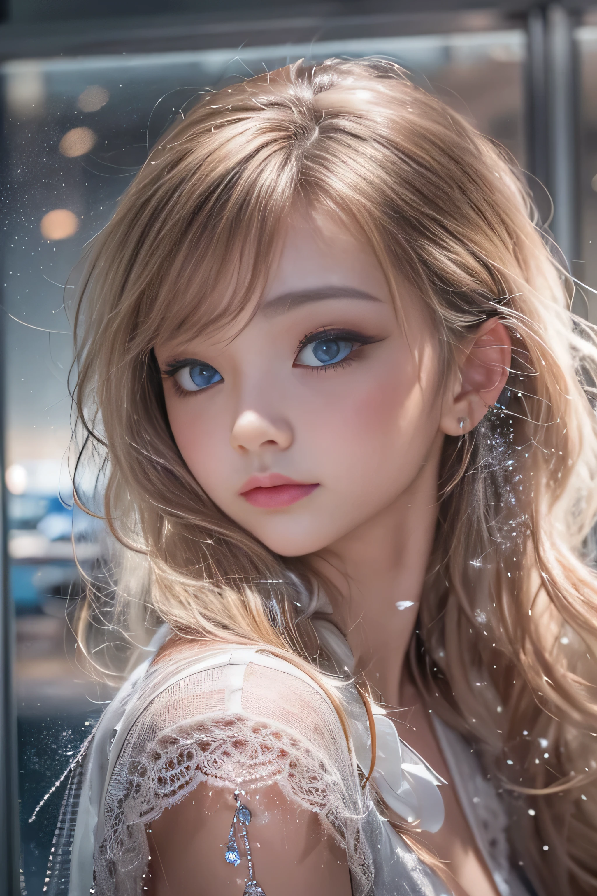 highest quality、High resolution、Super detailed、masterpiece、(Live shooting:1.5)、genuine:1.5、photogenuineistic:1.5、very delicate and beautiful、small details、1 female、(european:1.8)、Early 20s、(super beautiful)、(super beautiful顔)、(golden middle hair)、(blue eyes)、wearing makeup、(Standing in the airport departure lobby at night)、(The background is a night view of an airplane seen from the window and falling snow..)、(upper body shot)