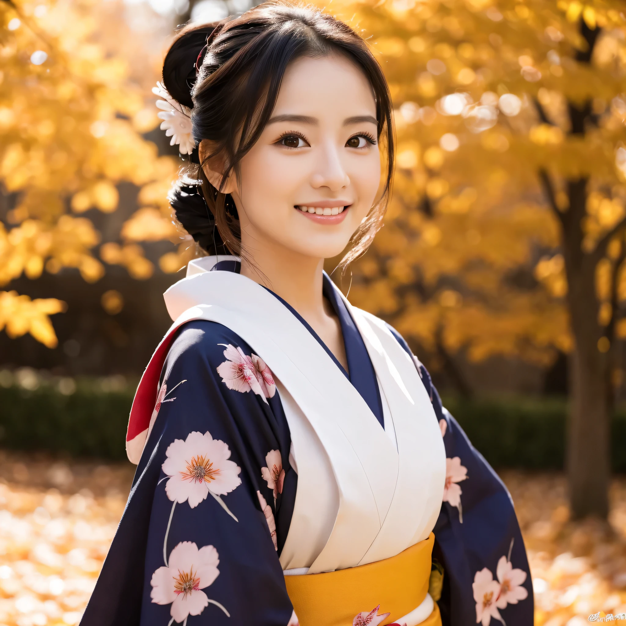 (Super beautiful woman in kimono)、((highest quality、8K masterpiece:1.3))、sharp focus:1.2、(super beautiful face:1.0)、(shiny skin:1.0)、realistic pictures、black haired、video writing、High resolution eyes and face、video writing、japanese actress、from the front、Medium chest、with a happy smile、wearing a kimono、under the autumn leaves、highest grade obi