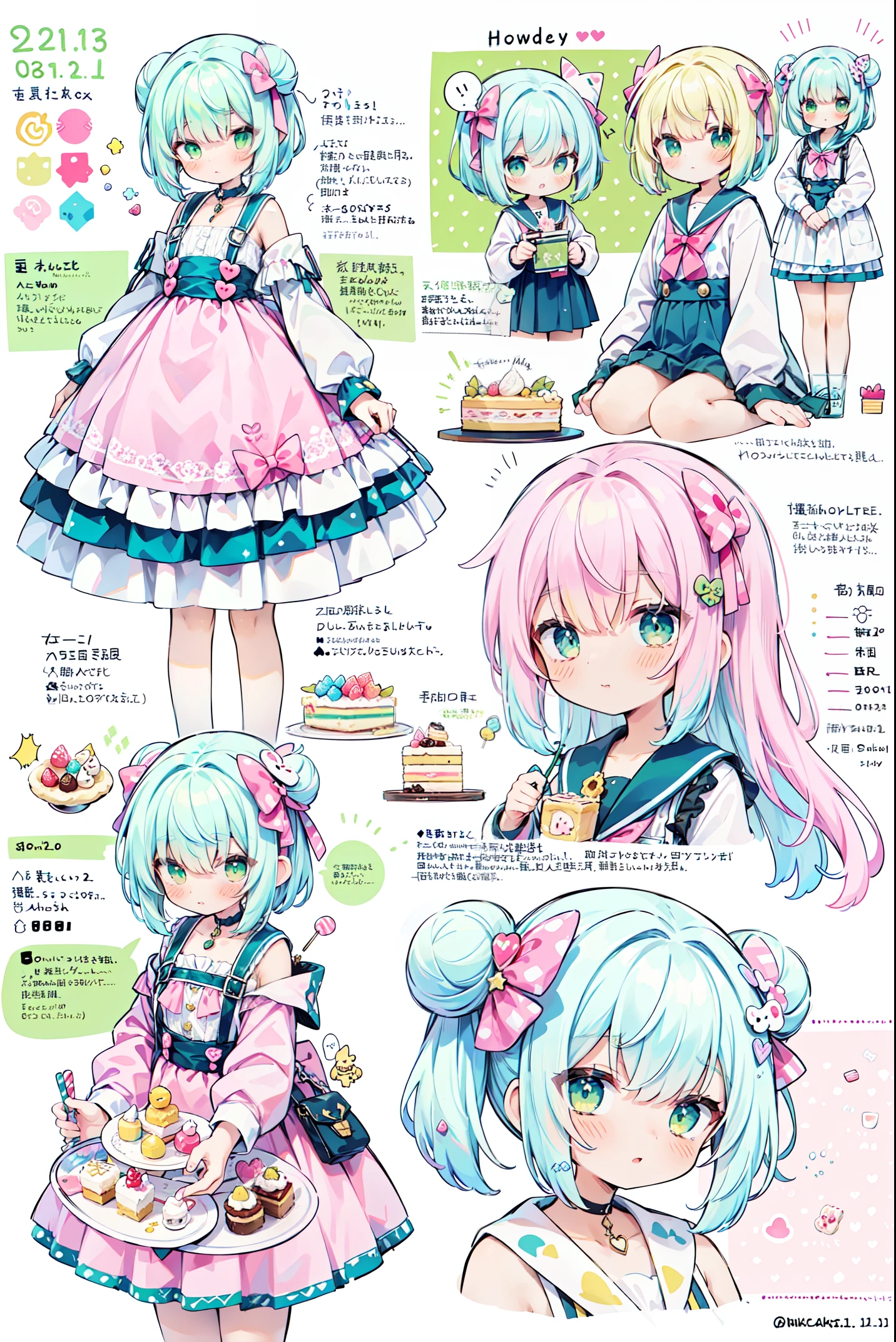  ((Character information)、(character sheet)、Calm pastel colors, (color palette is yellow:1.2, green:1.2, pink:1.2), (green hair bun and blonde), short fashion skirt, Sit on a throne made of sweets and pastries, for example, donut, Sprinkle, candy, lollipop, candy cane, cake, カップcake, cakeポップ, ruffles and lace, Polka dot pattern,