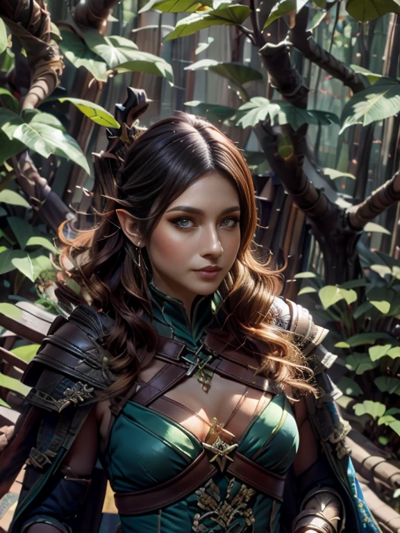 evangelyne from wakfu, magical forest, upper body, archer, evangelyne costume, beautiful detailed eyes, beautiful detailed lips, extremely detailed eyes and face, long eyelashe, traditional animation style, vibrant colors, soft lighting, (best quality, high-reagical forest scenery), lush foliage, mystical atmosphere, ethereal background, enchanted aura.