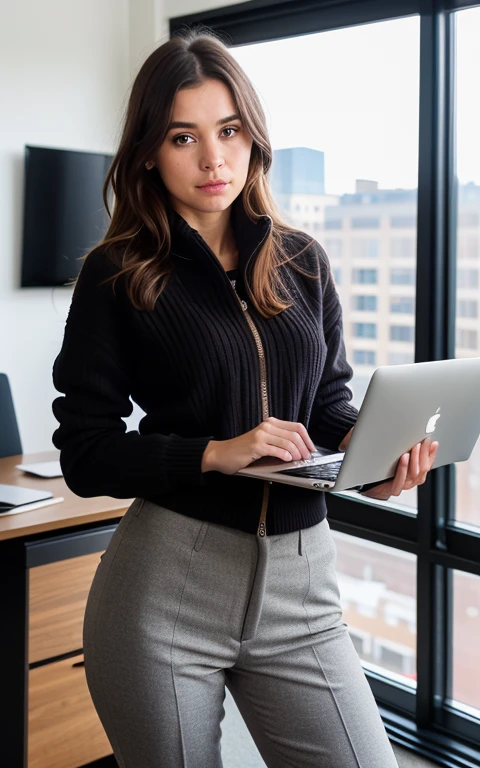 best quality, ultra photorealistic, photorealism, 8k, photograph, photo of woman, jacket, sweater, black pants, brown hair, fit, standing and holding a laptop, background a crowded office, bokeh, artificial lights, detailed face and eyes, higly detailed skin, 8k uhd, sharp focus, professional, best quality