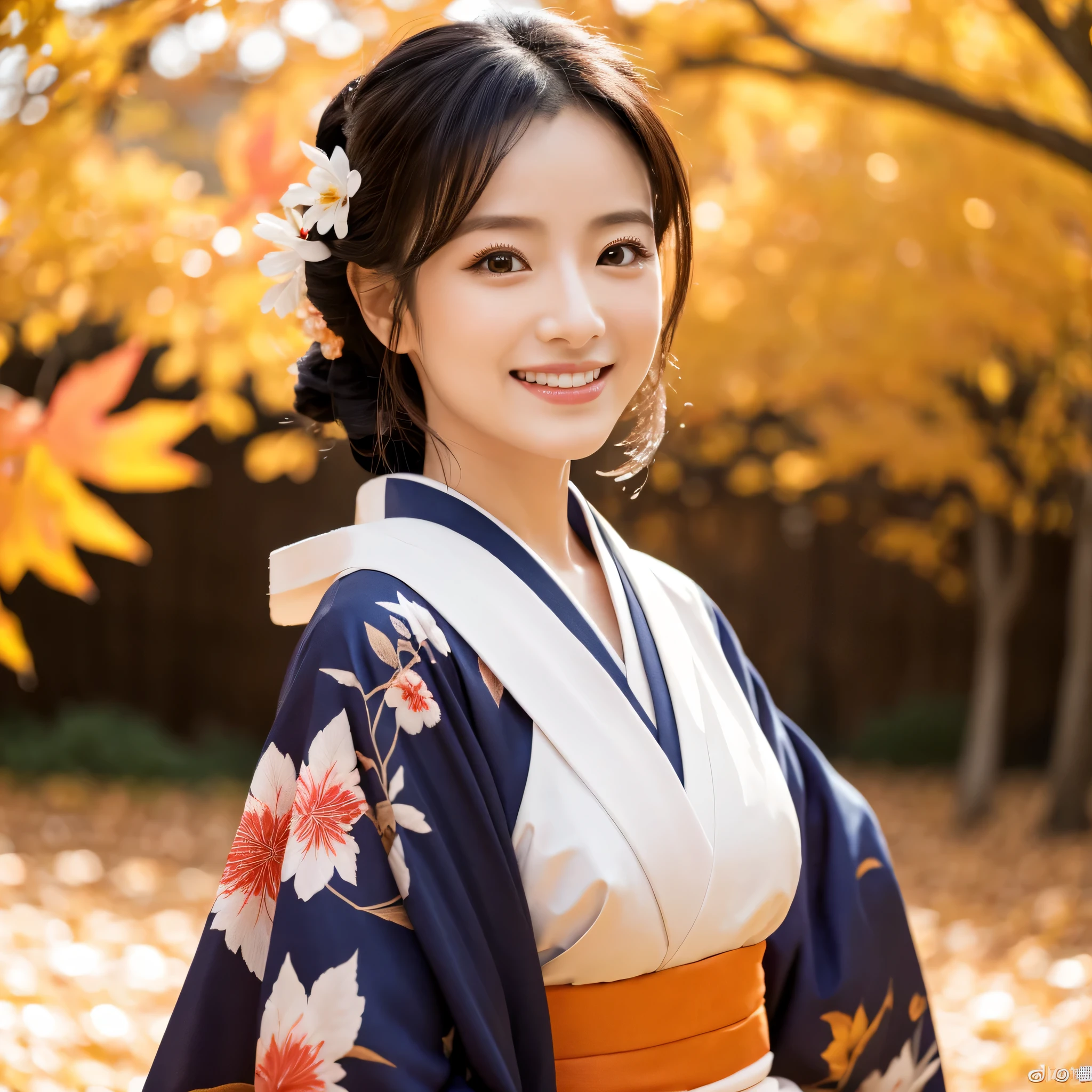 (Super beautiful woman in kimono)、((highest quality、8K masterpiece:1.3))、sharp focus:1.2、(super beautiful face:1.0)、(shiny skin:1.0)、realistic pictures、black haired、video writing、High resolution eyes and face、video writing、japanese actress、from the front、Medium chest、with a happy smile、wearing a kimono、under the autumn leaves、highest grade obi