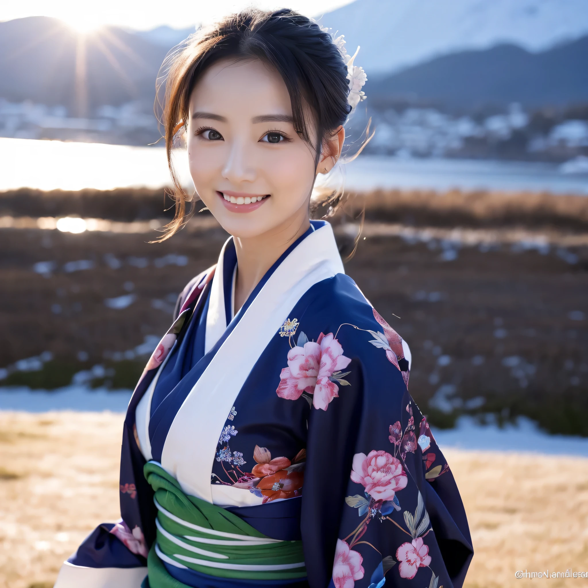 (Super beautiful woman in kimono)、((highest quality、8K masterpiece:1.3))、sharp focus:1.2、(super beautiful face:1.0)、(shiny skin:1.0)、realistic pictures、black hair、video writing、High resolution eyes and face、video writing、japanese actress、from the front、Medium chest、with a happy smile、The beauty of slender abs、whole body、wearing a kimono、In the snowy landscape of midwinter、highest grade obi