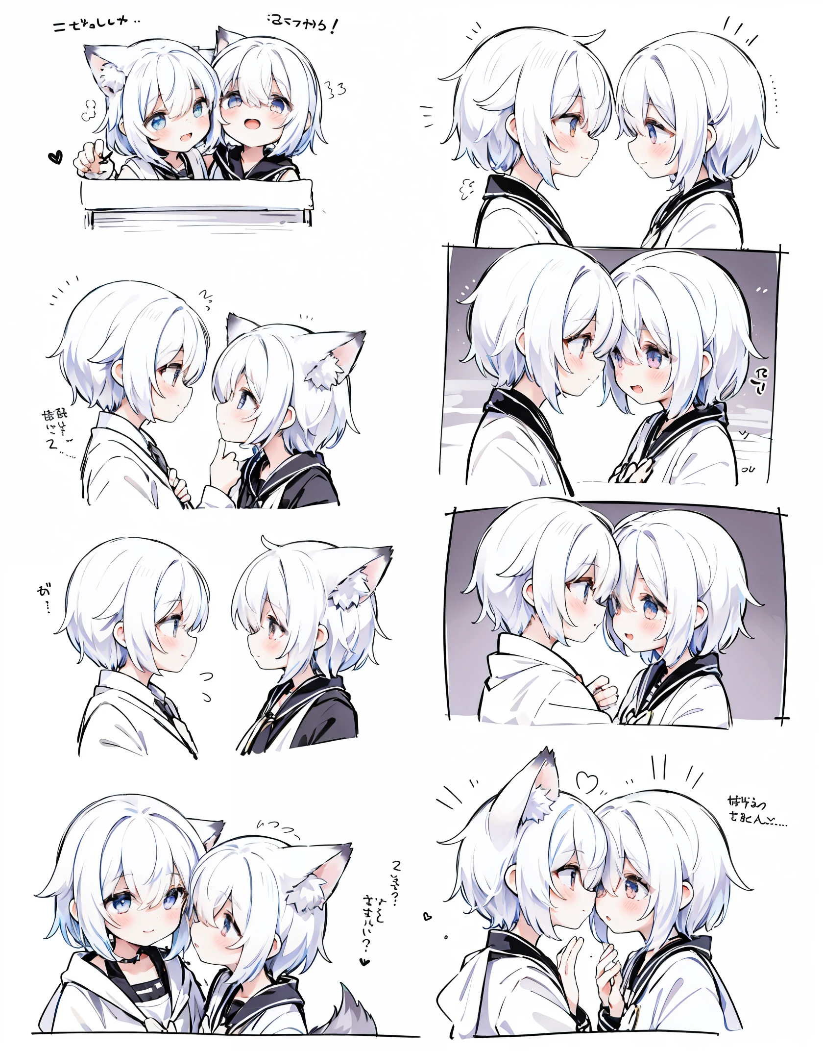 excellent anatomy、2 girls、patting the head、Hello、、lily、light smile、kiss, Love, fox ears、Bajama、hair between eyes、striped hair、hair length
