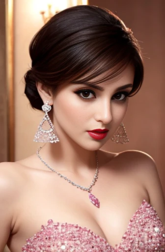 Lebanese woman, diamond dangling earrings, necklace, bracelets, small breasts, 40 years old, smokey eyes, cleavages, red lips, innocent face, pink fashion ball gown, stylish hairstyle, posing, modeling, sad face, embarrassed