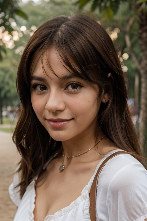 Chica rusa, Brown hair, cabello largo, sonriente, mirada profunda, sentada en el parque, hombros descubiertos, collar de perlas, vista frontal,