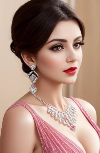 Lebanese woman, diamond dangling earrings, necklace, bracelets, small breasts, 40 years old, smokey eyes, cleavages, red lips, innocent face, pink fashion ball gown, stylish hairstyle, posing, modeling, sad f