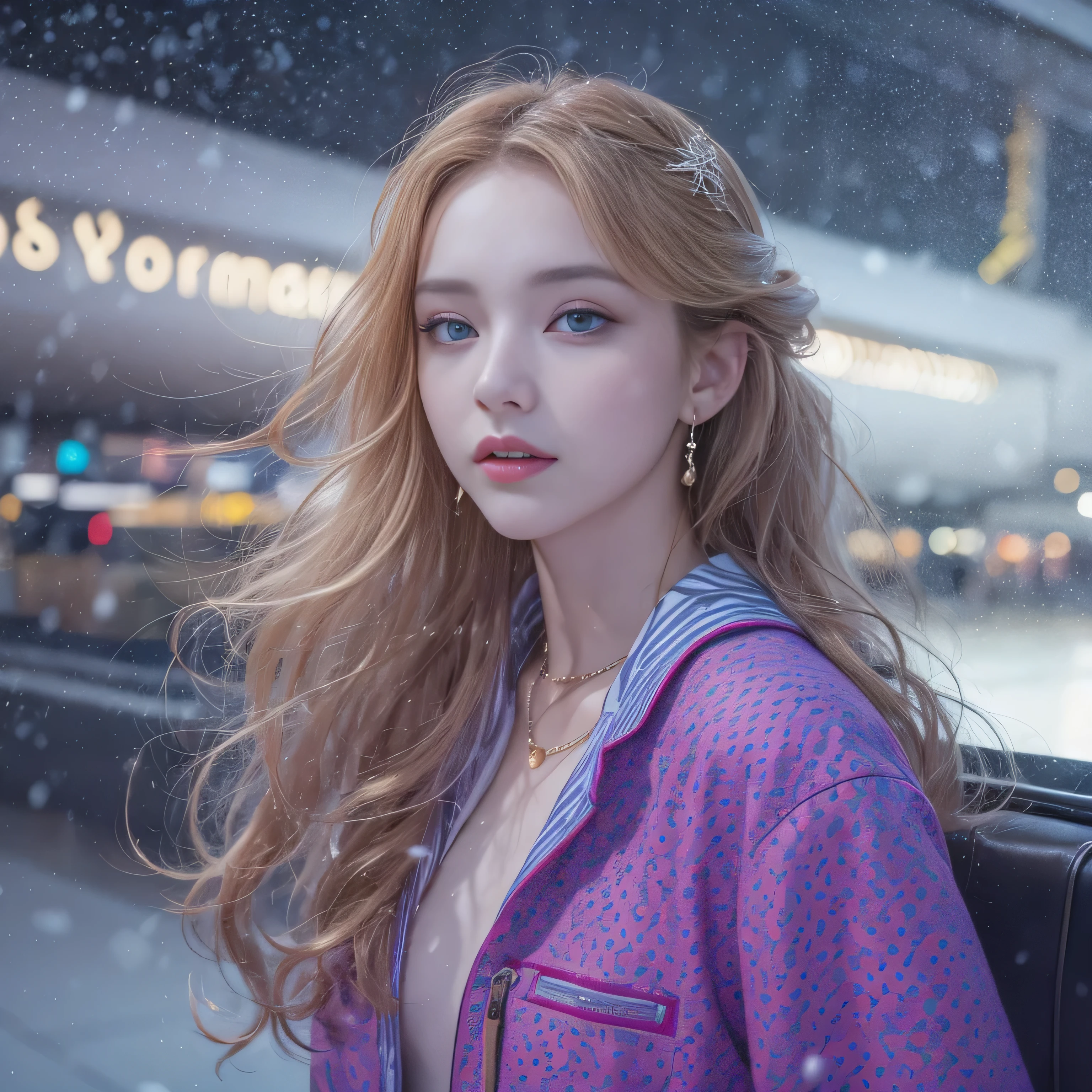 highest quality、High resolution、Super detailed、masterpiece、(Live shooting:1.5)、genuine:1.5、photogenuineistic:1.5、very delicate and beautiful、small details、1 female、(european:1.8)、Early 20s、(super beautiful)、(super beautiful顔)、(golden middle hair)、(blue eyes)、wearing makeup、(Standing in the airport departure lobby at night)、(The background is a night view of an airplane seen from the window and falling snow..)、(upper body shot)