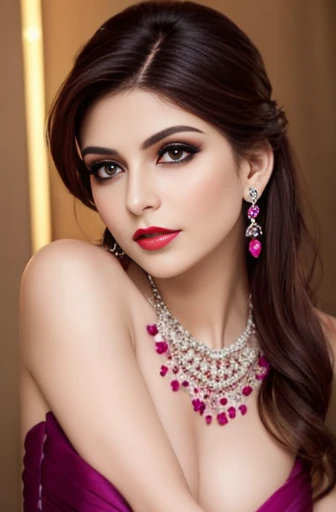 Lebanese woman, diamond dangling earrings, necklace, bracelets, small breasts, 40 years old, smokey eyes, cleavages, red lips, innocent face, magenta fashion ball gown, stylish hairstyle, posing, modeling,