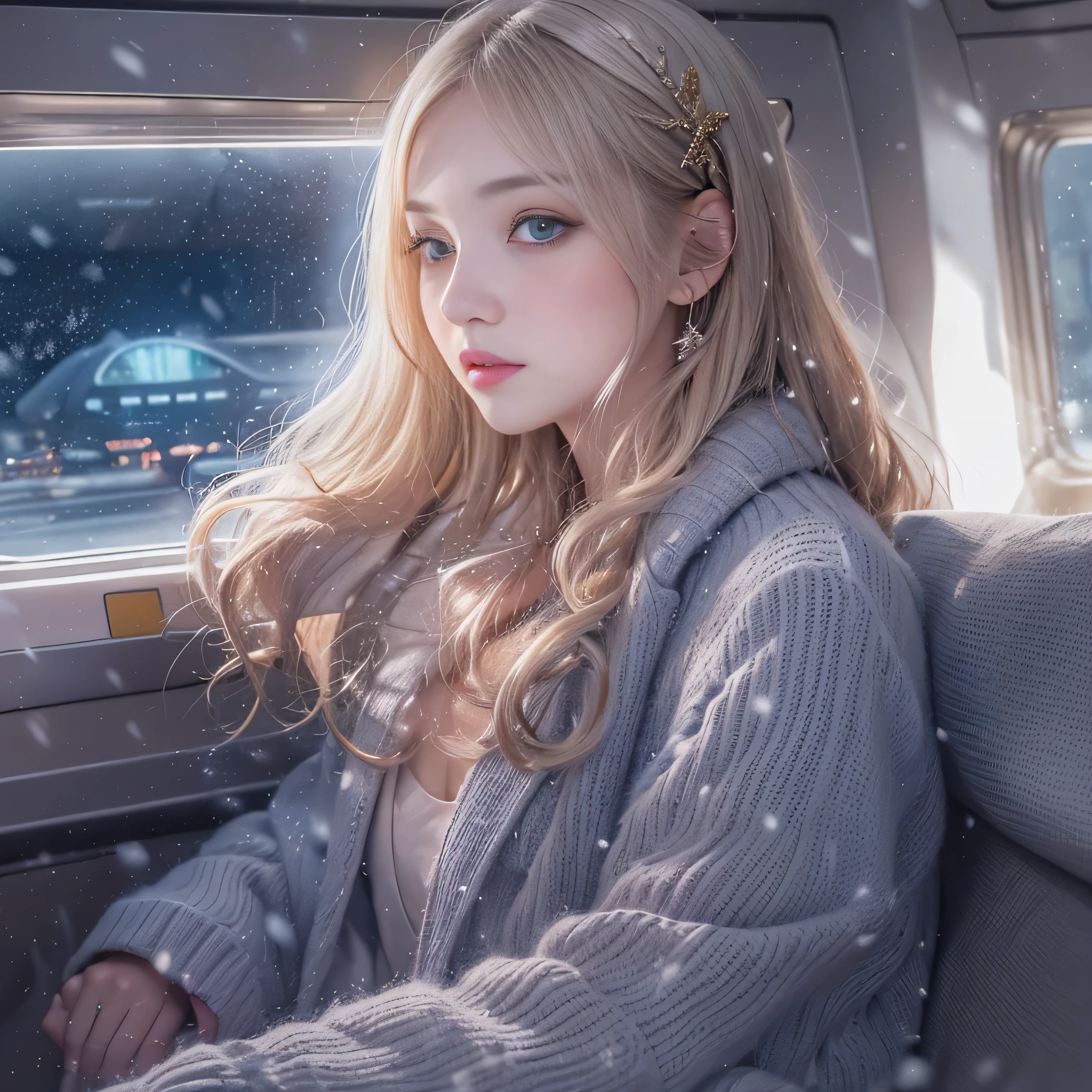 highest quality、High resolution、Super detailed、masterpiece、(Live shooting:1.5)、genuine:1.5、photogenuineistic:1.5、very delicate and beautiful、small details、1 female、(european:1.8)、Early 20s、(super beautiful)、(super beautiful顔)、(golden middle hair)、(blue eyes)、wearing makeup、(Standing in the airport departure lobby at night)、(The background is a night view of an airplane seen from the window and falling snow..)、(upper body shot)
