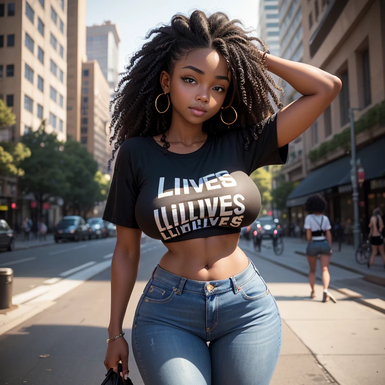 Masterpiece, 1 girl, Black beautiful woman in her twenties, with huge boobs, slim, with a tiny Waist and a round ass. Wearing jeans and a t-shirt that says Black Lives Matter. She has abundant curly hair, big blue eyes, small nose and full lips and playful smile. Located in the streets of a big city downtown.