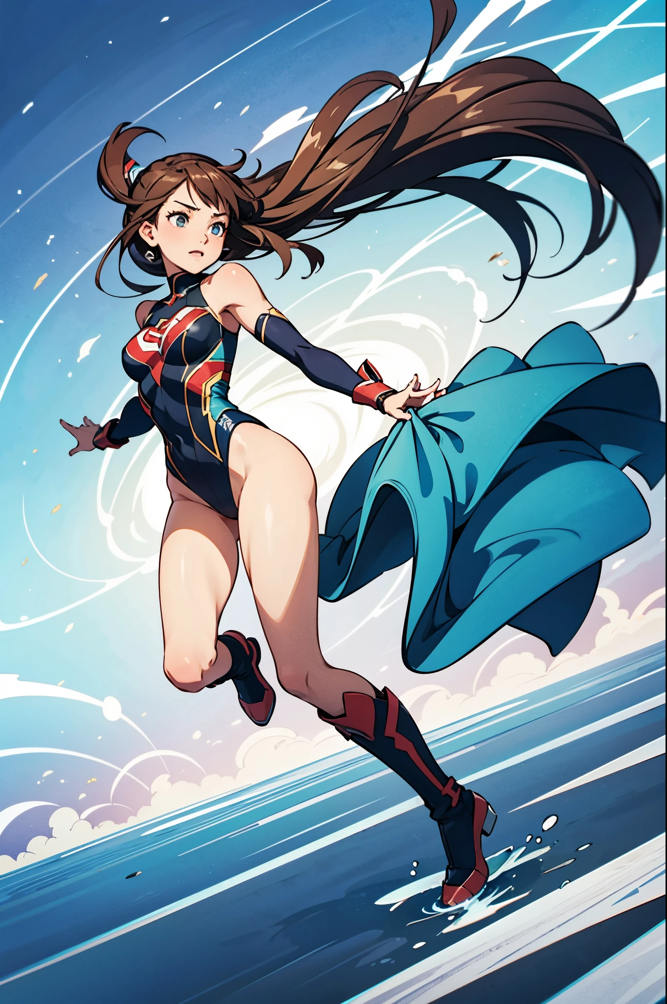 1girl, solo focus, superhero, leotard, highleg leotard, bare legs, boots, mature lady, spinning her body in rapid speed like a tornado, wind swirls, rapid gyration, girl tornado spinning, girl turning to a whirlwind, outstretched arms