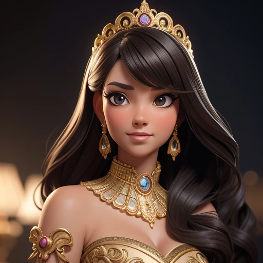 ((Masterpiece, best quality, photography, detailed skin, realistic, photo-realistic, 3D Character Design, pixar, 8k, highly detailed, full length frame, High detail RAW color art, diffused soft lighting, shallow depth of field, sharp focus, hyperrealism, cinematic lighting, close up)); Princess Mery (10) is introduced, dressed in elegant ancient Egyptian dress, with her cute dog (a charming dog with an ornate collar). The dress should be ultra-detailed and intricately designed, with a dynamic pose and expression looking to the camera that exudes grace and elegance. Focus on capturing the gorgeous long black wavy hair, brunette brownish skin and stunning facial features, beautiful smile and the subtle play of light and shadow that accentuates the dress's voluminous silhouette.
