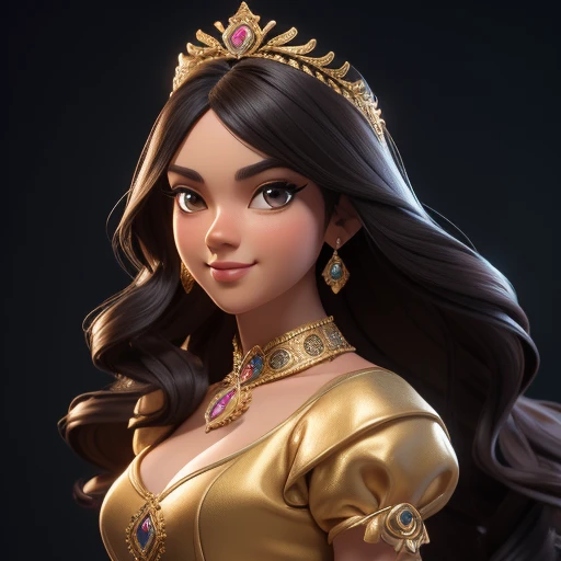 ((Masterpiece, best quality, photography, detailed skin, realistic, photo-realistic, 3D Character Design, pixar, 8k, highly detailed, full length frame, High detail RAW color art, diffused soft lighting, shallow depth of field, sharp focus, hyperrealism, cinematic lighting, close up)); Princess Mery (10) is introduced, dressed in elegant ancient Egyptian dress, with her cute dog (a charming dog with an ornate collar). The dress should be ultra-detailed and intricately designed, with a dynamic pose and expression looking to the camera that exudes grace and elegance. Focus on capturing the gorgeous long black wavy hair, brunette brownish skin and stunning facial features, beautiful smile and the subtle play of light and shadow that accentuates the dress's voluminous silhouette.
