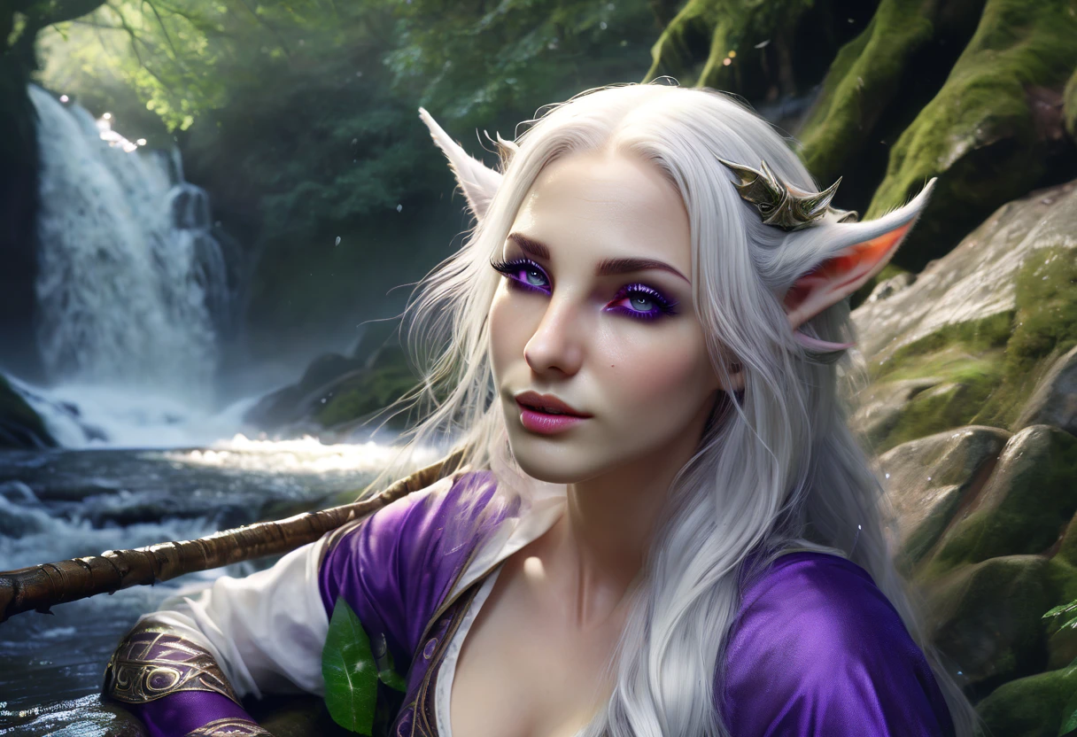 (Marija face). (best quality,highres:1.2),ultra-detailed,realistic, HDR,portrait,Elf Female,beautiful detailed eyes,beautiful detailed lips,extremely detailed eyes and face,long eyelashes,high detail White hair,Purple pupils, in nature,waterfall,unicorn drinking from a river, detailed unicorn with detailed horn, detiled elf, in forest close to a river,