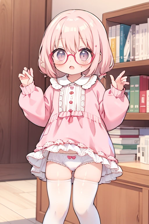 bangs between the eyes, cute ***********, underwear, librarian, glasses, short pink dress, surprised, white stockings