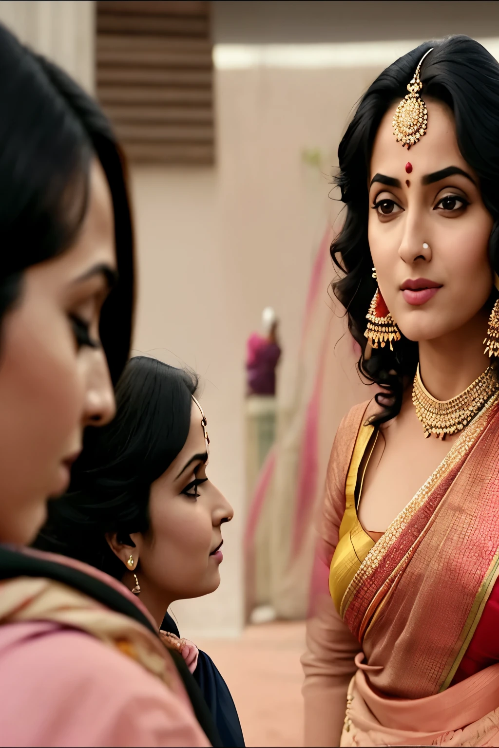 two women in saris are talking to each other, ghutra and egal, still image from tv series, still from movie, sitcom screenshot, beautiful, cartoon still, still shot from movie, stylish pose, ad image, mischievous!!, movie screen shot, pretty face!!, trending on teemill, shocked look, television screenshot, mischievous expression