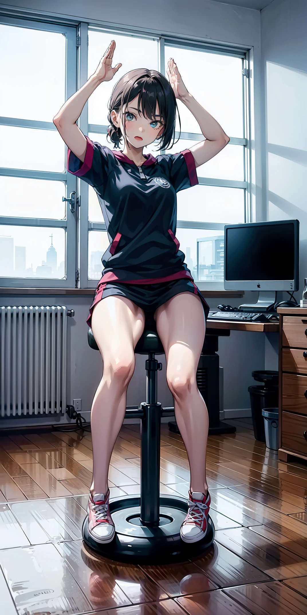 1girl, sitting on the Exercise ball , arms raised in the air , front view, cute
