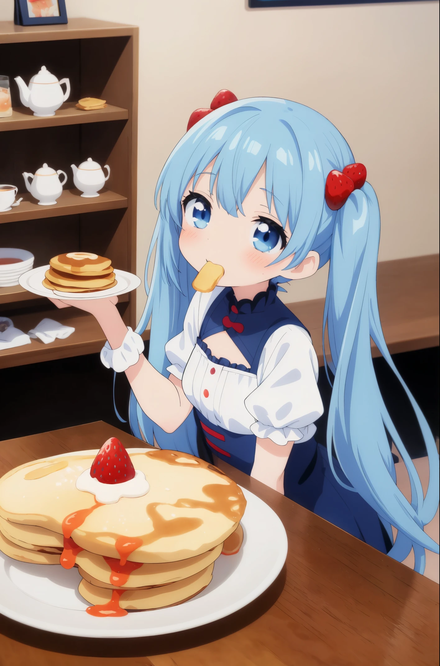Anime girl eating pancakes with strawberries and teapot in front of her, light blue long hair、twin tails!splash art anime change, anime moe art style, Cute girl anime visual, small change girl, anime food, ??????????? change, change, cute anime girl, Best Anime 4K Kona-chan Wallpaper, everyone, anime style 4k, Also, pixiv
