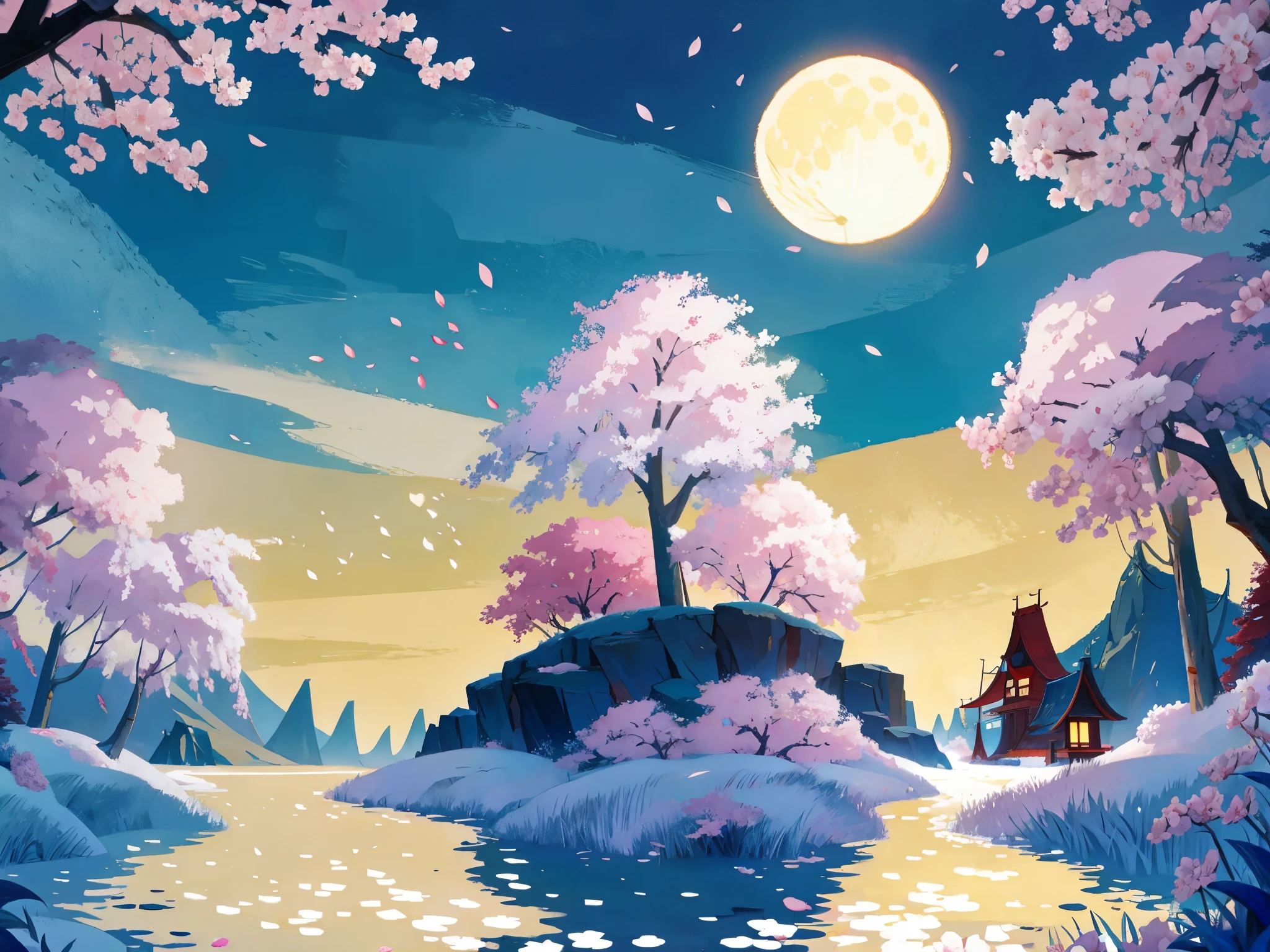 (flat color:1.1),(masterpiece:1.2), best quality, masterpiece, sakura forest clearing, moon melting into the lake below, fireflies