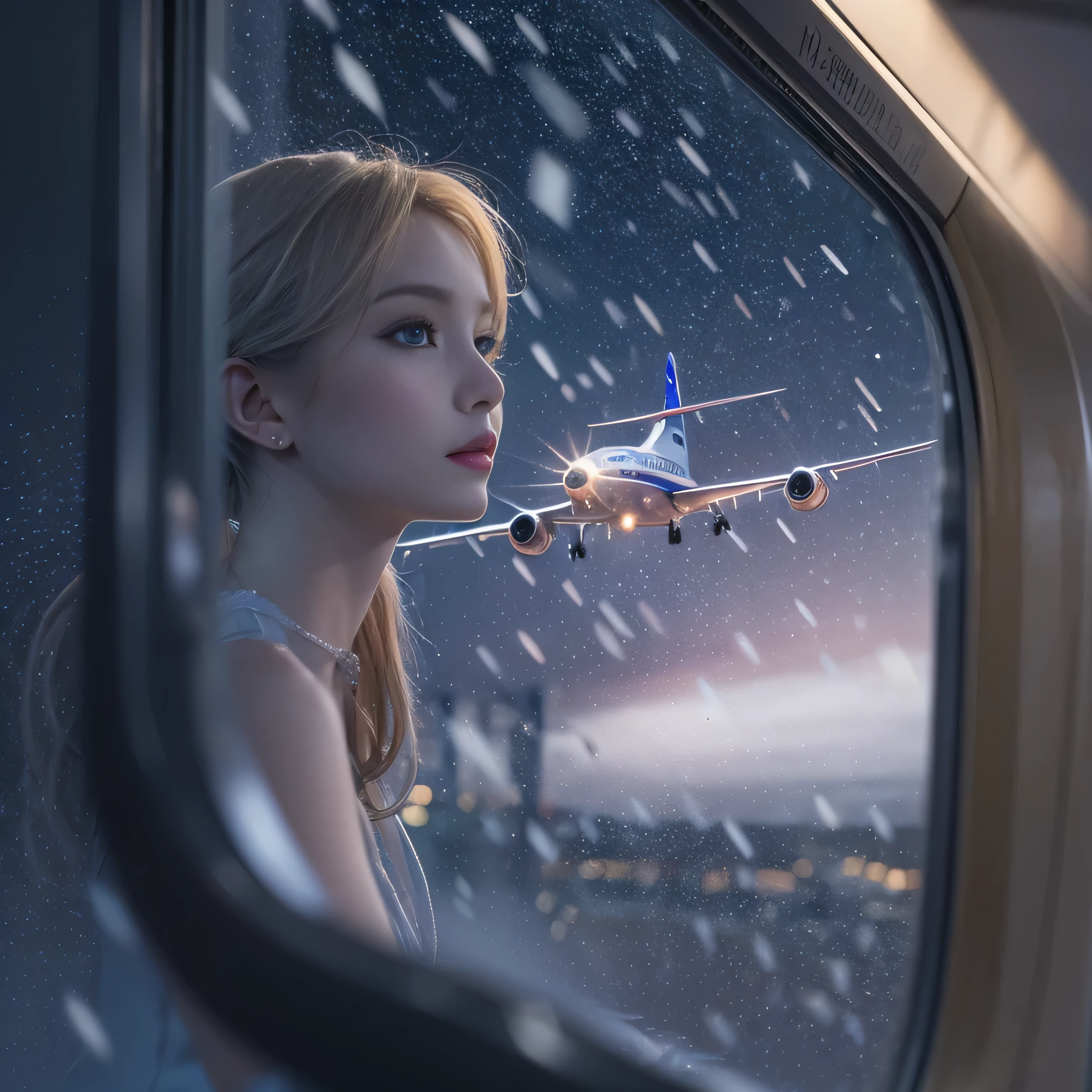 highest quality、High resolution、Super detailed、masterpiece、(Live shooting:1.5)、genuine:1.5、photogenuineistic:1.5、very delicate and beautiful、small details、1 female、(european:1.8)、Early 20s、(super beautiful)、(super beautiful顔)、(golden middle hair)、(blue eyes)、wearing makeup、(Standing in the airport departure lobby at night)、(The background is a night view of an airplane seen from the window and falling snow..)、(upper body shot)