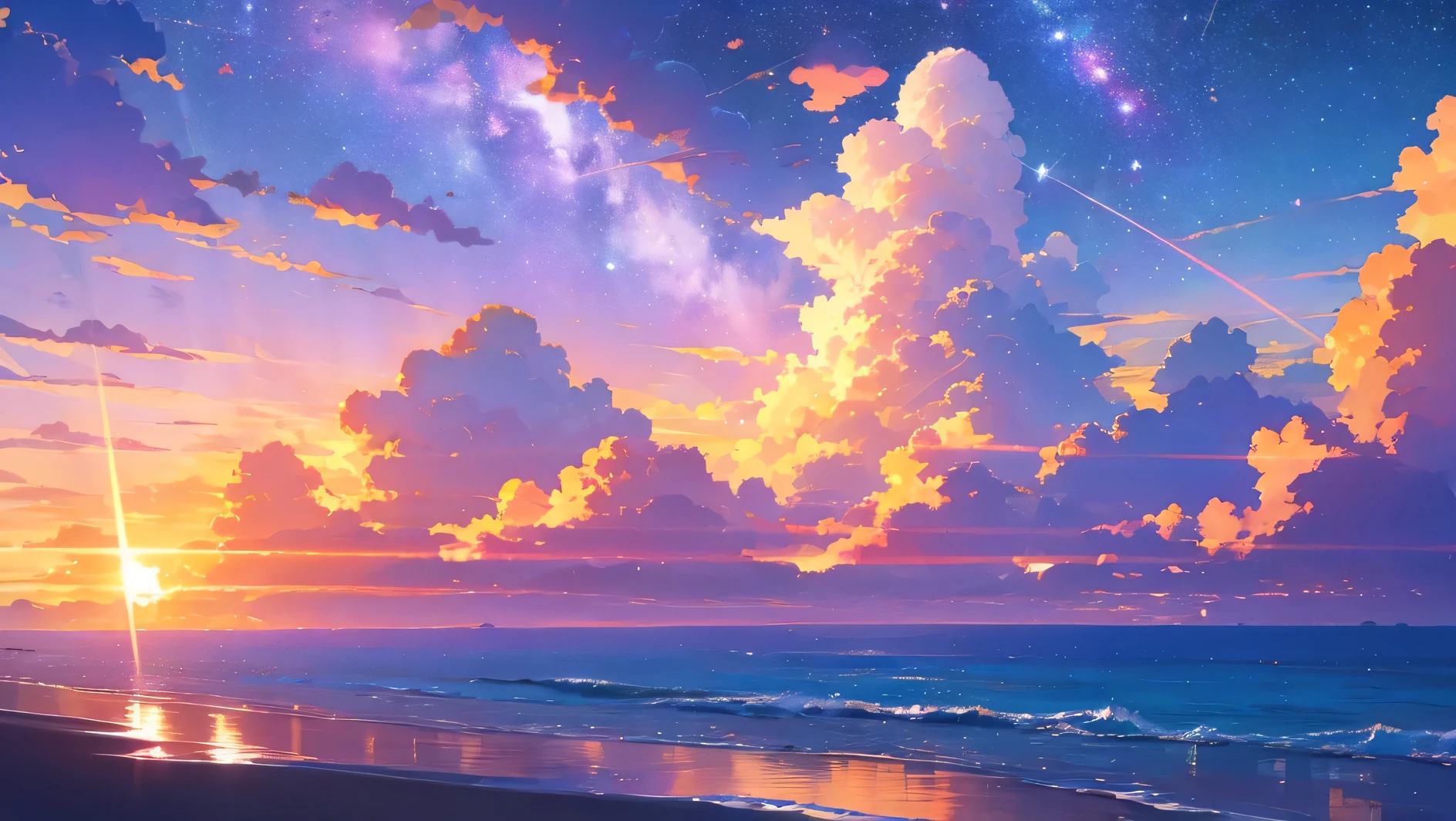 beautiful sea golden and purple sky with clouds and stars and romantic cute