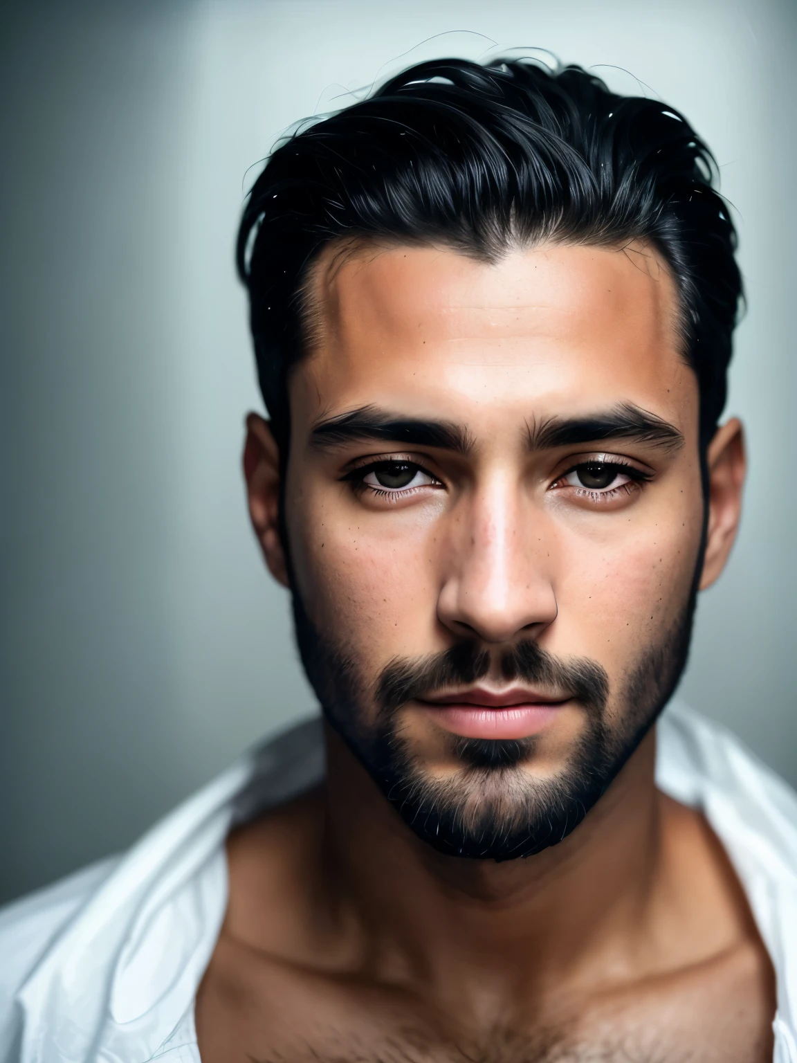 Foto de um homem europeu de 20 anos, Cru, Lindo (cabelo preto comprido). ((retrato)), ((detalhado face: 1.2)), ((rosto detalhado pele detalhadamente detalhada), pele marrom, barba, wrapped in a sheet, ambiente do quarto, sentado na cama, (cor fria), moist, moist, Reflective piece) (perfectly proportioned)(fotos realistas)(melhor qualidade) (detalhado) fotografado em uma Canon EOS R5, Lente de 50 mm, f/2.8, nffsw, (8k) (papel de parede) (cinematographic lightning) (dramatic lighting) (sharp focus) (Convoluto) fashion, from above