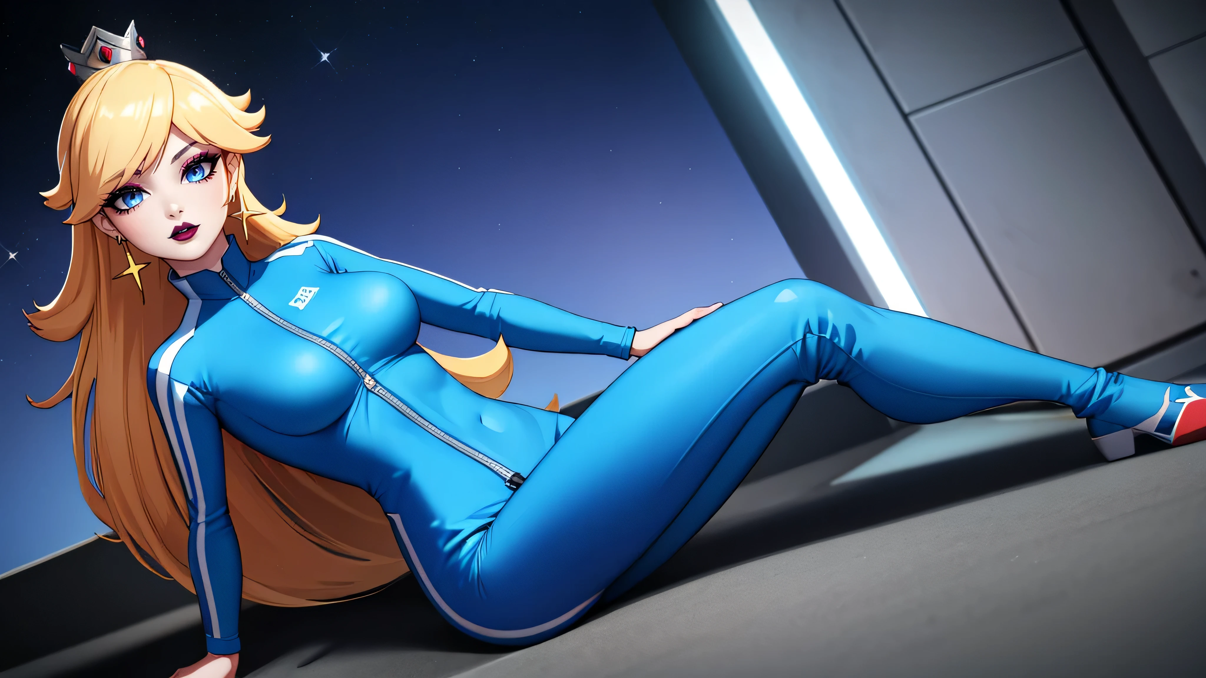 ((high detailed, best quality, 4k, masterpiece, hd:1.3)), (panoramic shot), (Mario_Kart_stadium_background), background public, karts racing, BREAK night, moonlight, landscape, a full-length shot of Rosalina Sitting in a kart, BREAK neon blue eyes, seductive, attractive, sexy smile, smiling, smooth anime cg art, 36C breasts, (long fitness legs), vivid colors, detailed digital art, slim body, perfect skin, blonde hair, long hair, BREAK crown, BREAK looking at viewer, extremely detailed face, (blue jumpsuit), (Jumpsuit:1.5), (blue racing suit), (racing suit:1.5), (blue high heels), full body, earrings, gem, dark gothic eyeshadows, dark eyeshadows, black eyeshadows, black_sexy_lips, black lips, dark lips, gothic painted lips, dark_red_lips, very dark lips, red_painted_lips, (very thin lips), thin lips, detailed lips, (dark:1.2), (perfect hands, perfect anatomy), black makeup, detailed fingers, five fingers per hand, 5 fingers, (1 girl), (solo:1.3),
