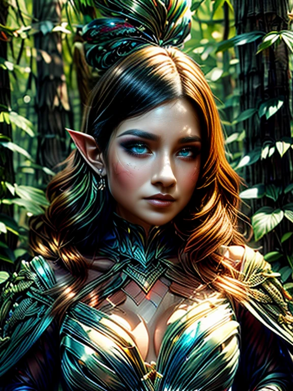 elf mage, magical forest, upper body, archer, evangelyne costume, beautiful detailed eyes, beautiful detailed lips, extremely detailed eyes and face, long eyelashe, vibrant colors, soft lighting, (best quality, high-reagical forest scenery), lush foliage, mystical atmosphere, ethereal background, enchanted aura, UHD, hyper realistic, photorealistic, detail eyes