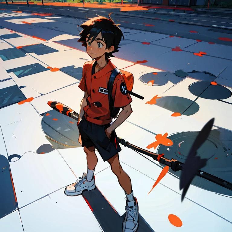 masterpiece, best quality, cg, (view from front), anime styled illustration, 1boy, solo, outdoors, ash ketchum (pokemon trainer), black and white sneakers with red dots, standing and observes the white spots and pieces of the bodies of the black cockroaches that he crushed, stuck to the sole. Joyful expression、Looking down here、[ 🐛Trampling：1.2]:0.3. 