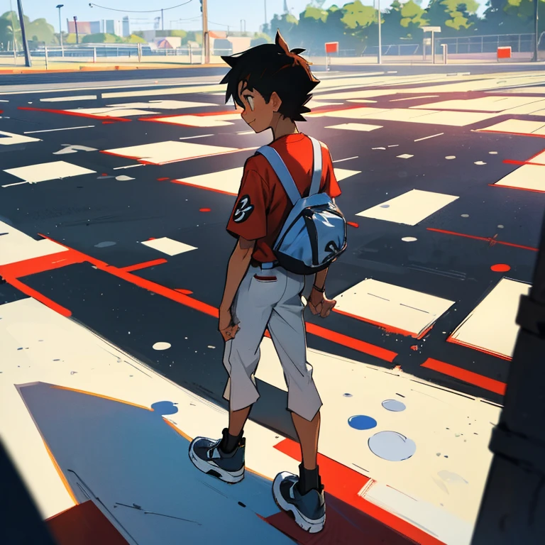 masterpiece, best quality, cg, (view from front), anime styled illustration, 1boy, solo, outdoors, ash ketchum (pokemon trainer), black and white sneakers with red dots, standing and observes the white spots and pieces of the bodies of the black cockroaches that he crushed, stuck to the sole. Joyful expression、Looking down here、[ 🐛Trampling：1.2]:0.3. 