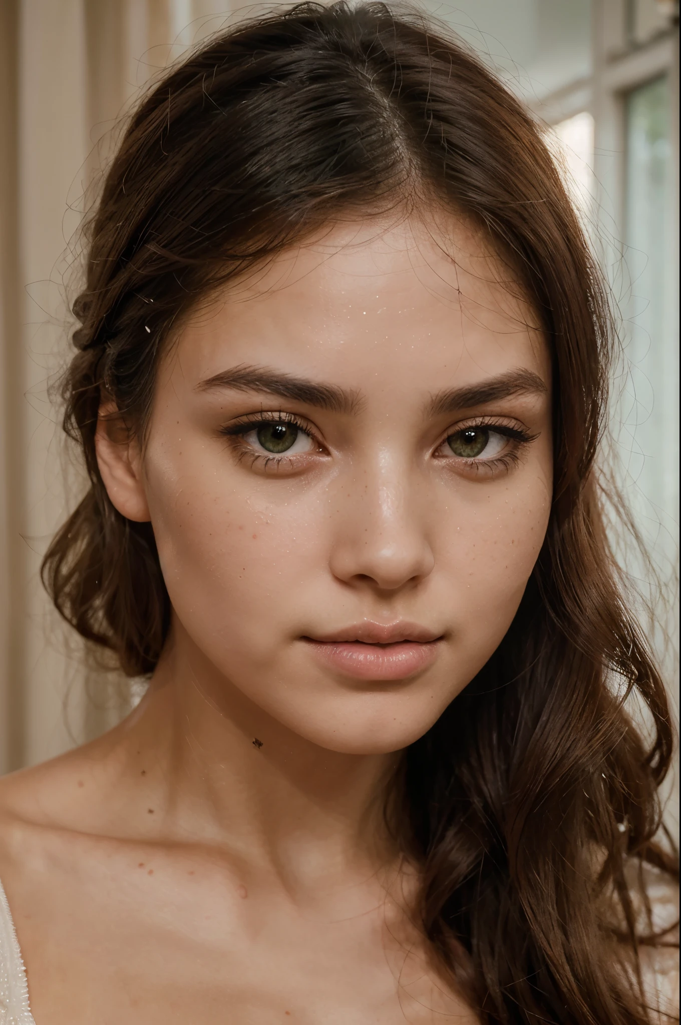 In the meticulous rendering of a young woman's face, envision a heart-shaped visage adorned with high cheekbones that gently taper into a defined jawline. Focus on the almond-shaped eyes, colored in a mesmerizing emerald green, framed by long, dark lashes that intensify her gaze. Dive into the intricacies of her facial expressions, hinting at both intelligence and mystery. Explore the nuances of her facial structure, from the proportionate button nose to the full, soft lips painted in a subtle, natural hue. Examine the canvas of her skin, capturing the play of light and shadow to showcase the intricacies of her complexion. Take note of the delicate dusting of freckles across her nose, adding an authentic touch of charm to her features. Immerse yourself in the details of her flawless complexion, highlighting the sheen of well-nourished skin and the subtle blush that graces her cheeks. Pay attention to the faint moisture that enhances her natural glow, creating a sense of vitality. Delve into the intricacies of her hair, whether it flows in waves or falls in a precise manner, with each strand meticulously rendered. Envision the play of light, whether it be the soft glow of natural daylight or the warmth of artificial illumination. Capture the three-dimensional realism that breathes life into the image, focusing on the details that define a young and healthy woman at the zenith of her beauty. make the skin rough and background realistic very detailed