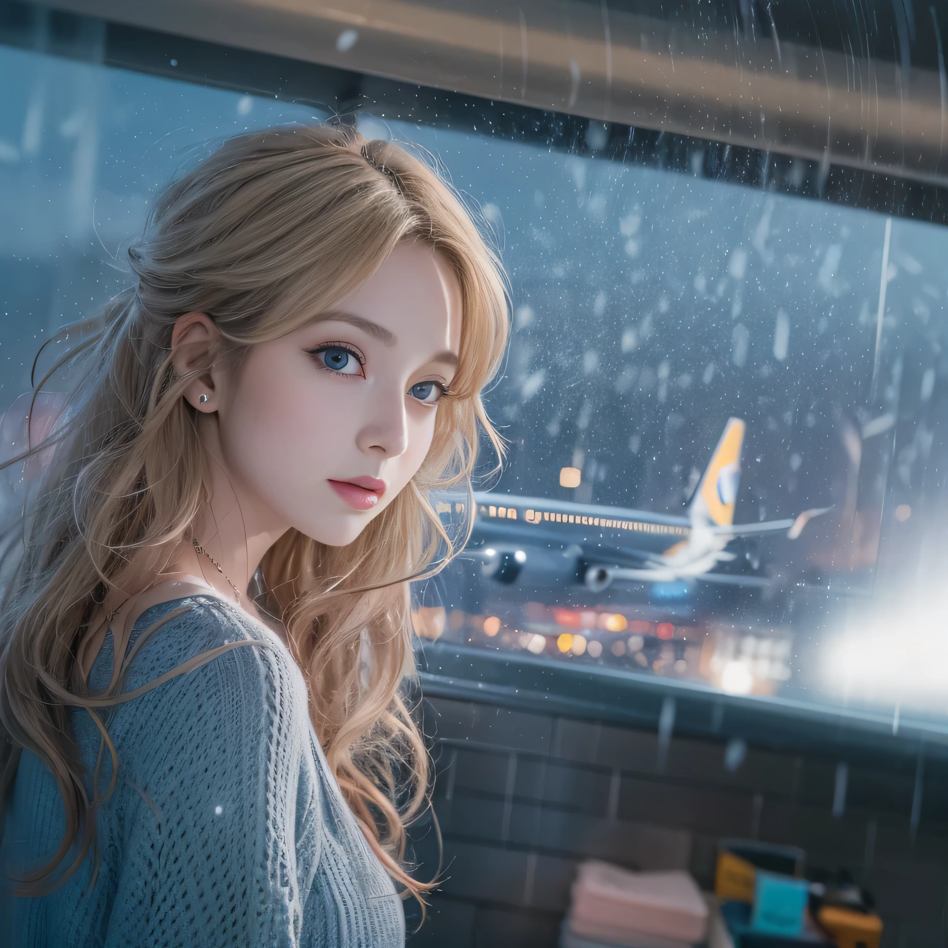 highest quality、High resolution、Super detailed、masterpiece、(Live shooting:1.5)、genuine:1.5、photogenuineistic:1.5、very delicate and beautiful、small details、1 female、(european:1.8)、Early 20s、(super beautiful)、(super beautiful顔)、(golden middle hair)、(blue eyes)、wearing makeup、(Standing in the airport departure lobby at night)、(The background is a night view of an airplane seen from the window and falling snow..)、(upper body shot)