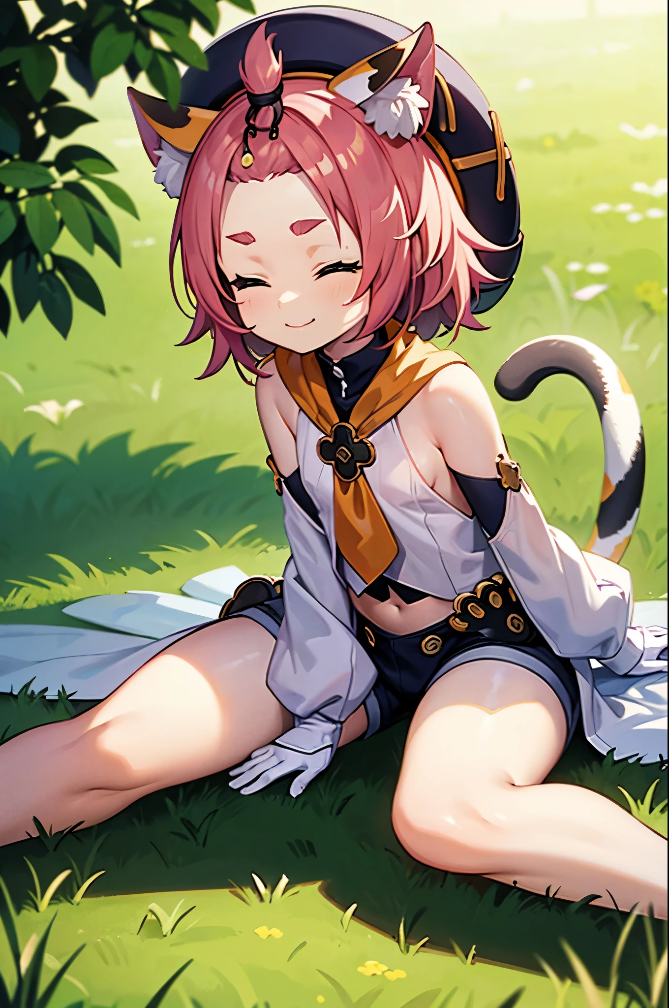 nude, catgirl, flat chest, sunbathing, , lying down, loli, outsid hat, tail, smiling, sunny, bright sunlight, detached sleeves, eyes closed, grass, full sun