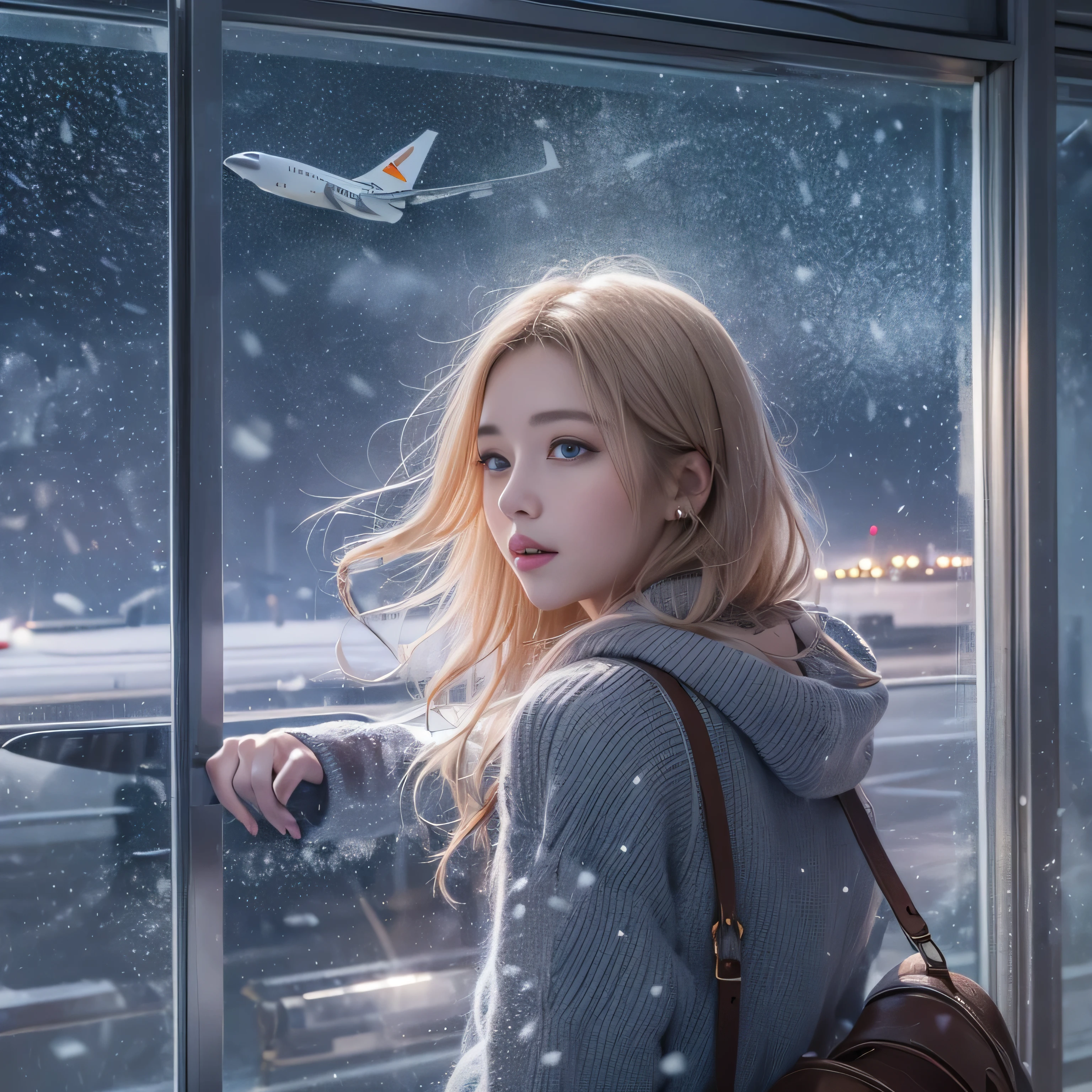 highest quality、High resolution、Super detailed、masterpiece、(Live shooting:1.5)、genuine:1.5、photogenuineistic:1.5、very delicate and beautiful、small details、1 female、(european:1.8)、Early 20s、(super beautiful)、(super beautiful顔)、(golden middle hair)、(blue eyes)、wearing makeup、(Standing in the airport departure lobby at night)、(The background is a night view of an airplane seen from the window and falling snow..)、(upper body shot)