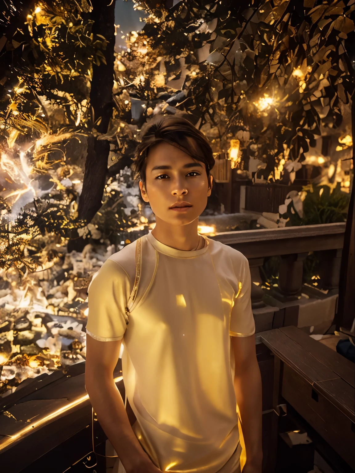 (masterpiece, top quality, best quality, official art, beautiful and aesthetic:1.2), (1bo), extreme detailed eyes, (fractal art:1.3), colorful, highest detailed, (perfect face), shiny skin, HDR, (white cloak golden lines:1.2), galaxy, (light streaks), striking visuals, (dynamic streaks, luminous trails:1.2), vibrant colors, (phoenix), (dragon) change background hair style tisart colour smart boy