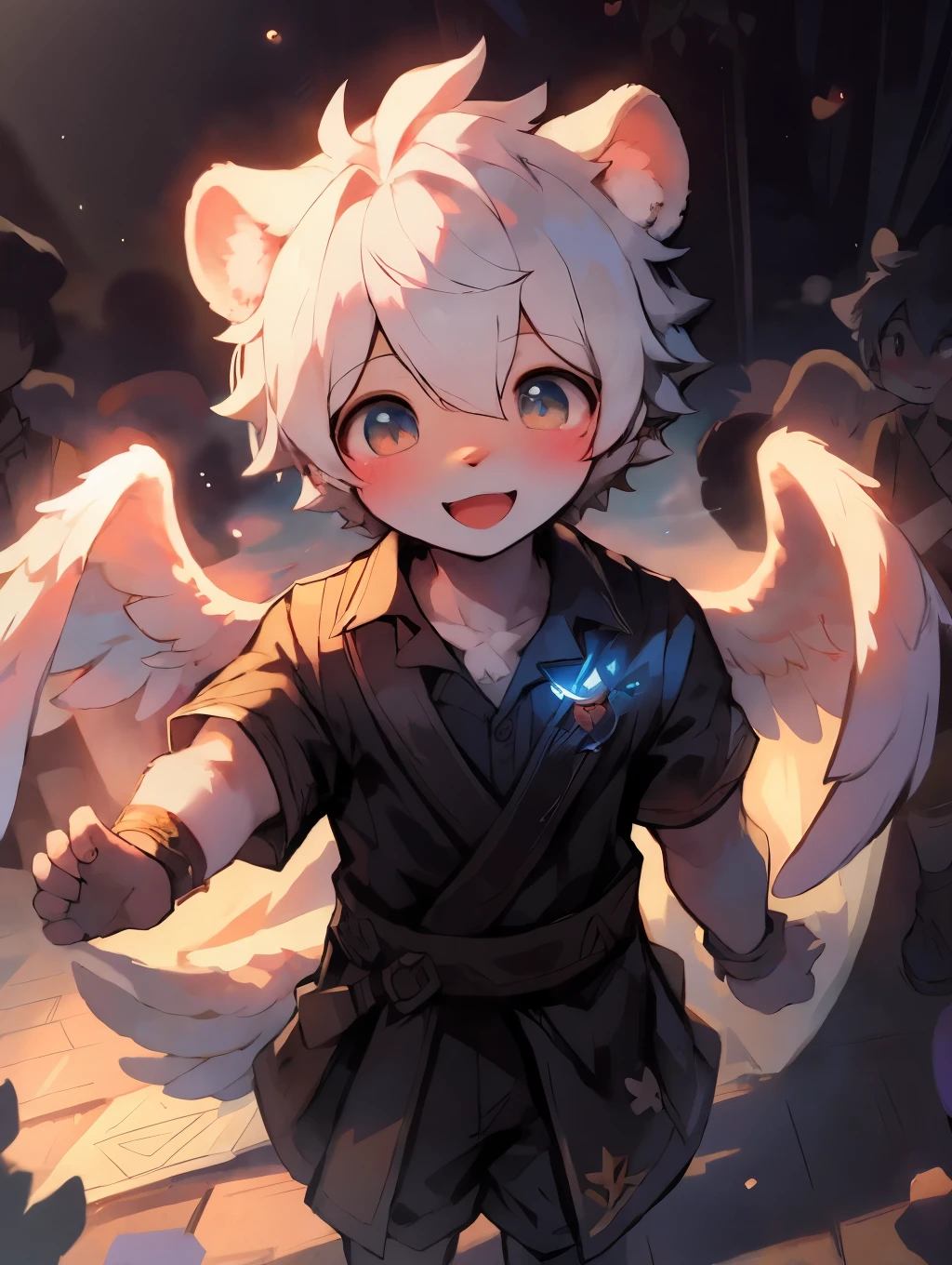 Shota,white hair ,male,Q version,(Rabies in ), Lovely, stand up, masterpiece, high resolution,8k,Detailed background,high quality,boy,(((solo))),(angel wings,angel halo,White clothearefoot:0.6),looking at the audience,perspective,from above,dreamlike,magic,Baiyun,(Warm light source:1.2),upper sky,on cloud,a happy expression,,blushing,exposed