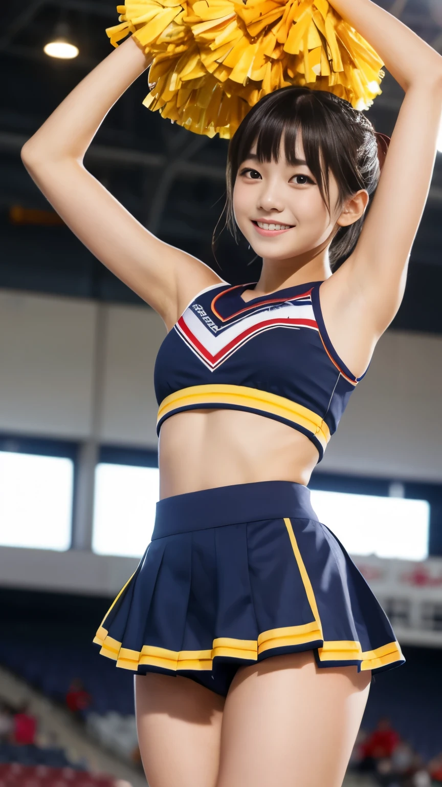 Best-quality, Masterpiece, Ultra-High-Resolution, (Photorealistic:1.4), Raw-Photo, 1girl, the most popular Japanese idol, wearing only colorful-cheerleading-uniform, cheerleading at stadium, from below, dynamic-pose, best-smile, extremely cute face like a most famous Japanese idol, extremely beautiful big-black-eyes, extremely beautiful black-short-cut-haired, extremely beautiful thighs, extremely beautiful arms, upturned ass, looking at viewer, detailed colorful-cheerleading-uniform