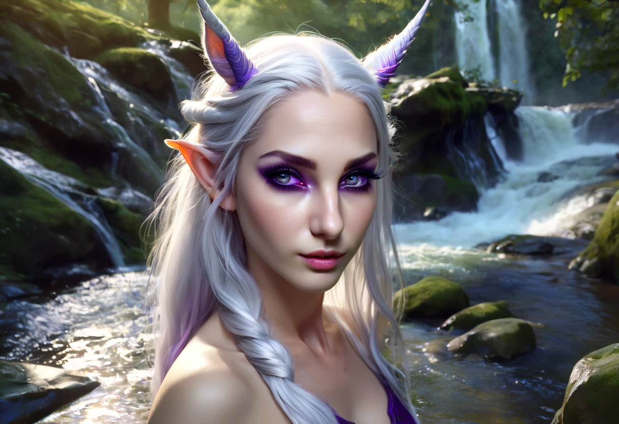 (Marija face). (best quality,highres:1.2),ultra-detailed,realistic, HDR,portrait,Elf Female,beautiful detailed eyes,beautiful detailed lips,extremely detailed eyes and face,long eyelashes,high detail White hair,Purple pupils, in nature,waterfall,unicorn drinking from a river, detailed unicorn with detailed horn, detiled elf, in forest close to a river,
