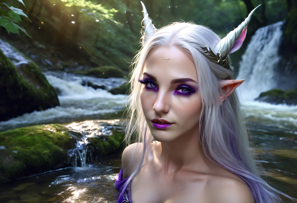 (Marija face). (best quality,highres:1.2),ultra-detailed,realistic, HDR,portrait,Elf Female,beautiful detailed eyes,beautiful detailed lips,extremely detailed eyes and face,long eyelashes,high detail White hair,Purple pupils, in nature,waterfall,unicorn drinking from a river, detailed unicorn with detailed horn, detiled elf, in forest close to a river,