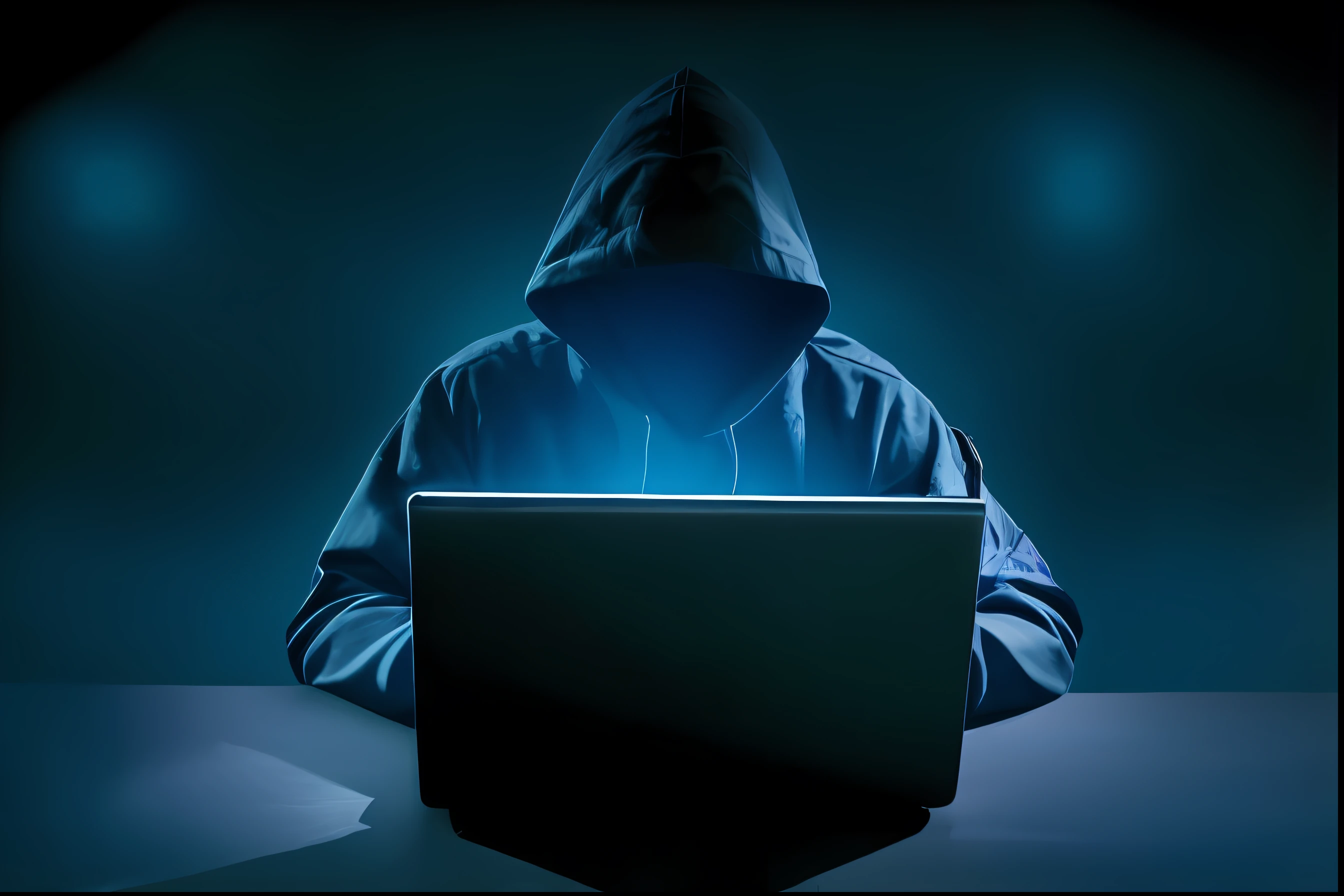 eine Person in einem Kapuzenpullover, die mit einem Laptop an einem Tisch sitzt, Hacker, hackend, Mann stiehlt Computer, Kapuzenfigur, Hacken des Mainframes, vor einem Computer, Figuren mit Kapuze, am Computer sitzen, sneaky, Creating an ominous presence, Einen dunklen Kapuzenpullover tragen, mit Kapuze, Anonym, ausnutzbares Bild, efeitos de hackend, beautiful image, Hacker cyberpunk