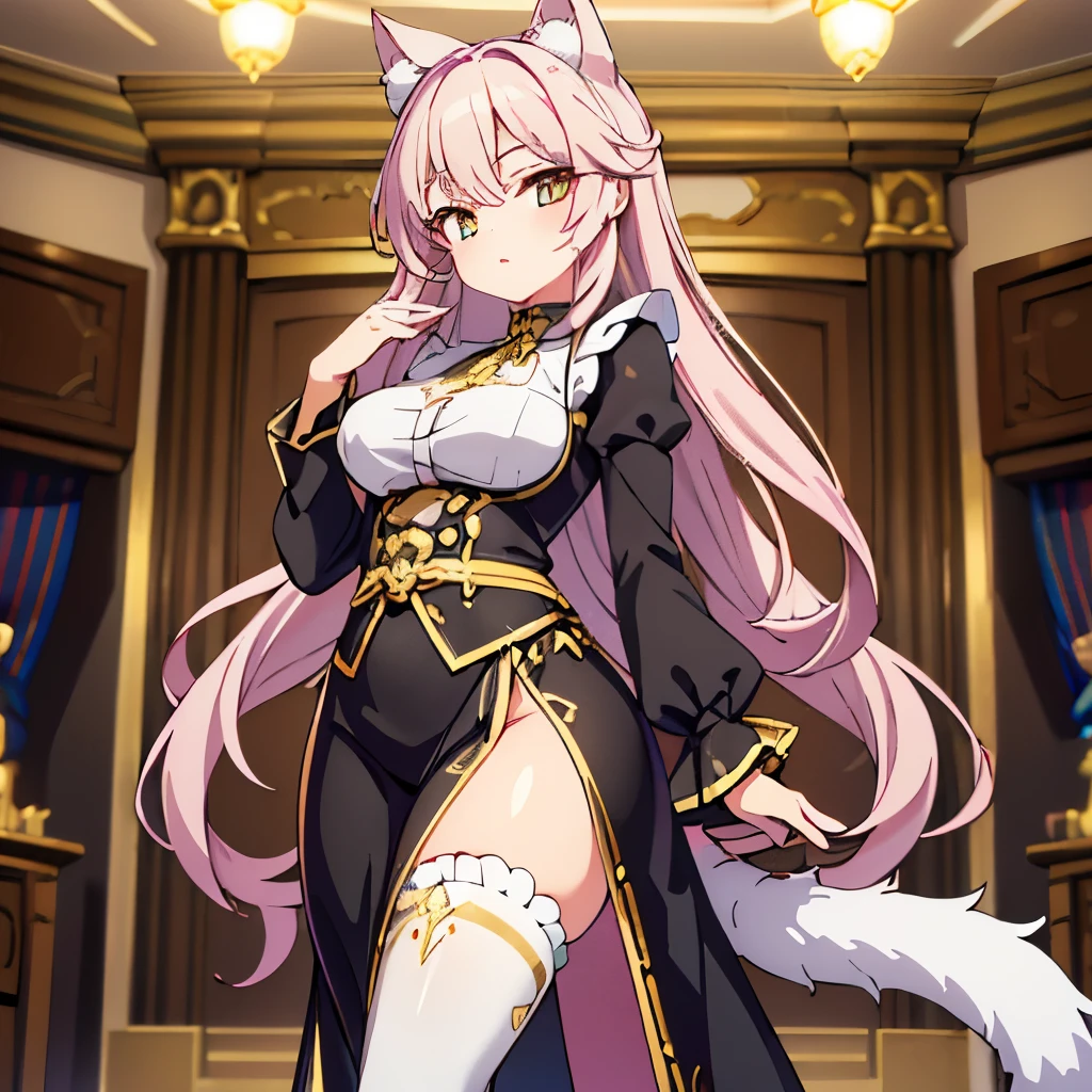 (photorealistic, high quality, perfect anatomy) Miyuki in exquisite detail. Her slender, (petite), and graceful frame stands at around 5'4" in height with a toned body. Her skin is soft, pristine, and fair, with a pearlescent glow that shimmers under the light. Her face is delicate with high cheekbones, a small nose, and plush lips that are often turned slightly upward, hinting at a playful nature.

Her hair is long and free-flowing, with curls that cascade down her back in waves of pastel pink with highlights of silver and gold that shimmer in the light. She has delicate cat ears that are slightly curved with tufts of fur on the tips, and her eyes are emerald green and large with small hints of gold near the pupils, giving her a mesmerizing, alluring gaze.

She wears a black and gold trimmed maid outfit, complete with a white frilly apron around her waist, thigh-high stockings, and black pumps with gold accents. The outfit highlights her toned and supple curves, while also giving her an air of sophistication and elegance.

Her cat tail is visible behind her, swishing playfully as she stands poised in front of you, ready to serve you in any way you desire. Her overall appearance is enchanting, captivating, and unforgettable. (POV)