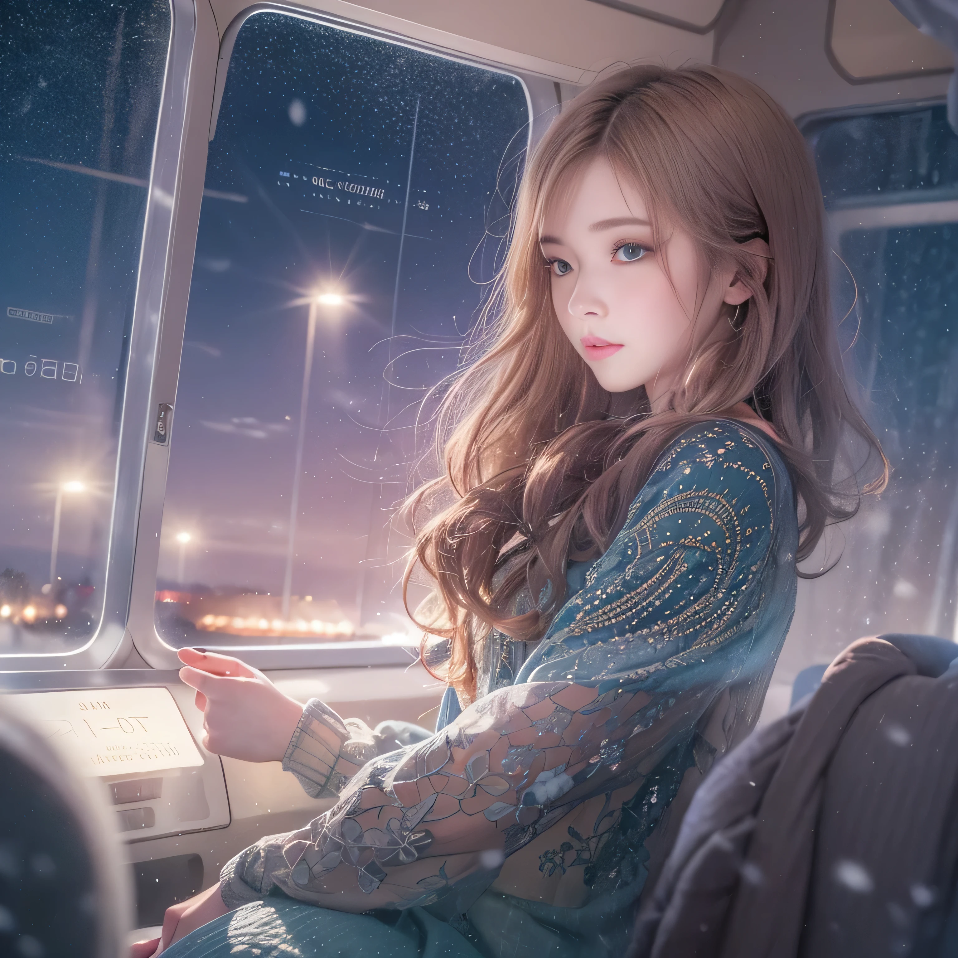 highest quality、High resolution、Super detailed、masterpiece、(Live shooting:1.5)、genuine:1.5、photogenuineistic:1.5、very delicate and beautiful、small details、1 female、(european:1.8)、Early 20s、(super beautiful)、(super beautiful顔)、(golden middle hair)、(blue eyes)、wearing makeup、(Standing in the airport departure lobby at night)、(The background is a night view of an airplane seen from the window and falling snow..)、(upper body shot)
