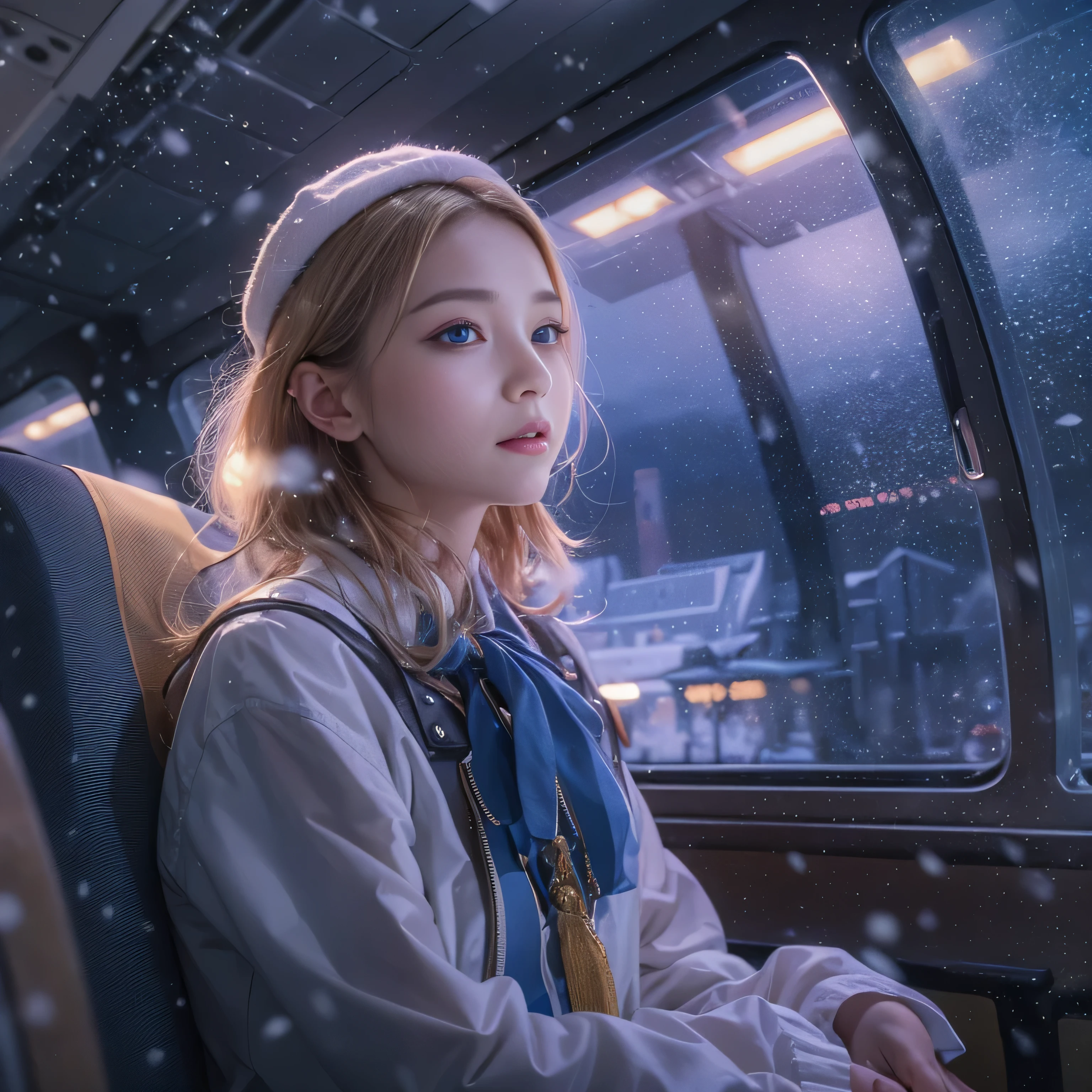 highest quality、High resolution、Super detailed、masterpiece、(Live shooting:1.5)、genuine:1.5、photogenuineistic:1.5、very delicate and beautiful、small details、1 female、(european:1.8)、Early 20s、(super beautiful)、(super beautiful顔)、(golden middle hair)、(blue eyes)、wearing makeup、(Standing in the airport departure lobby at night)、(The background is a night view of an airplane seen from the window and falling snow..)、(upper body shot)