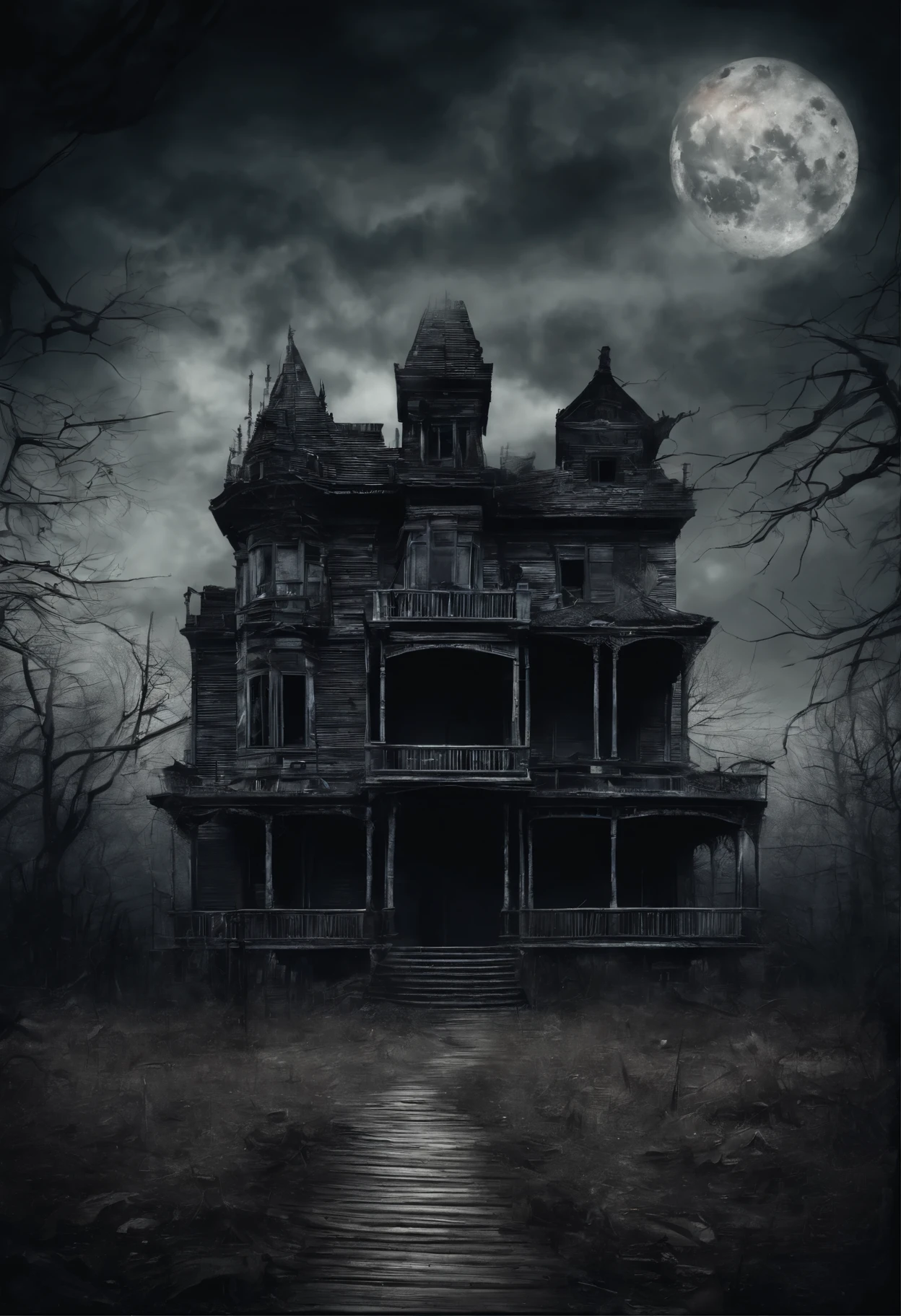 old dilapidated three-story wooden house in the distance with a balcony and terrace, the road to the house is covered with the roots of old dried trees, night, big moon, bats