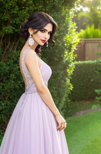 Lebanese woman, diamond dangling earrings, necklace, bracelets, small breasts, 40 years old, smokey eyes, cleavages, red lips, innocent face, light purple fashion ball gown, stylish hairstyle, posing, modeling, garden background, sunshine, sunset