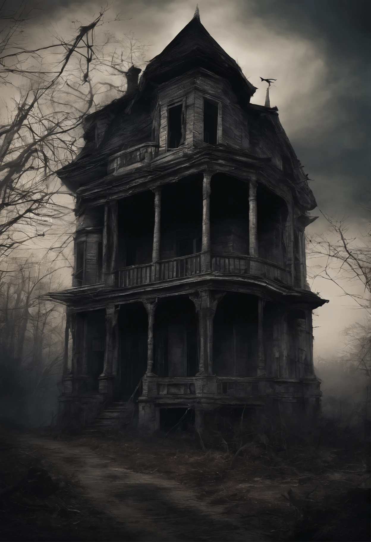 old dilapidated three-story wooden house in the distance with a balcony and terrace, the road to the house is covered with the roots of old dried trees, night, big moon, bats, tense atmosphere, (Best Quality, 16K, Masterpiece, Ultra HD:1.3, Huge detail, hyper realistic, epic scale, insane level of details)