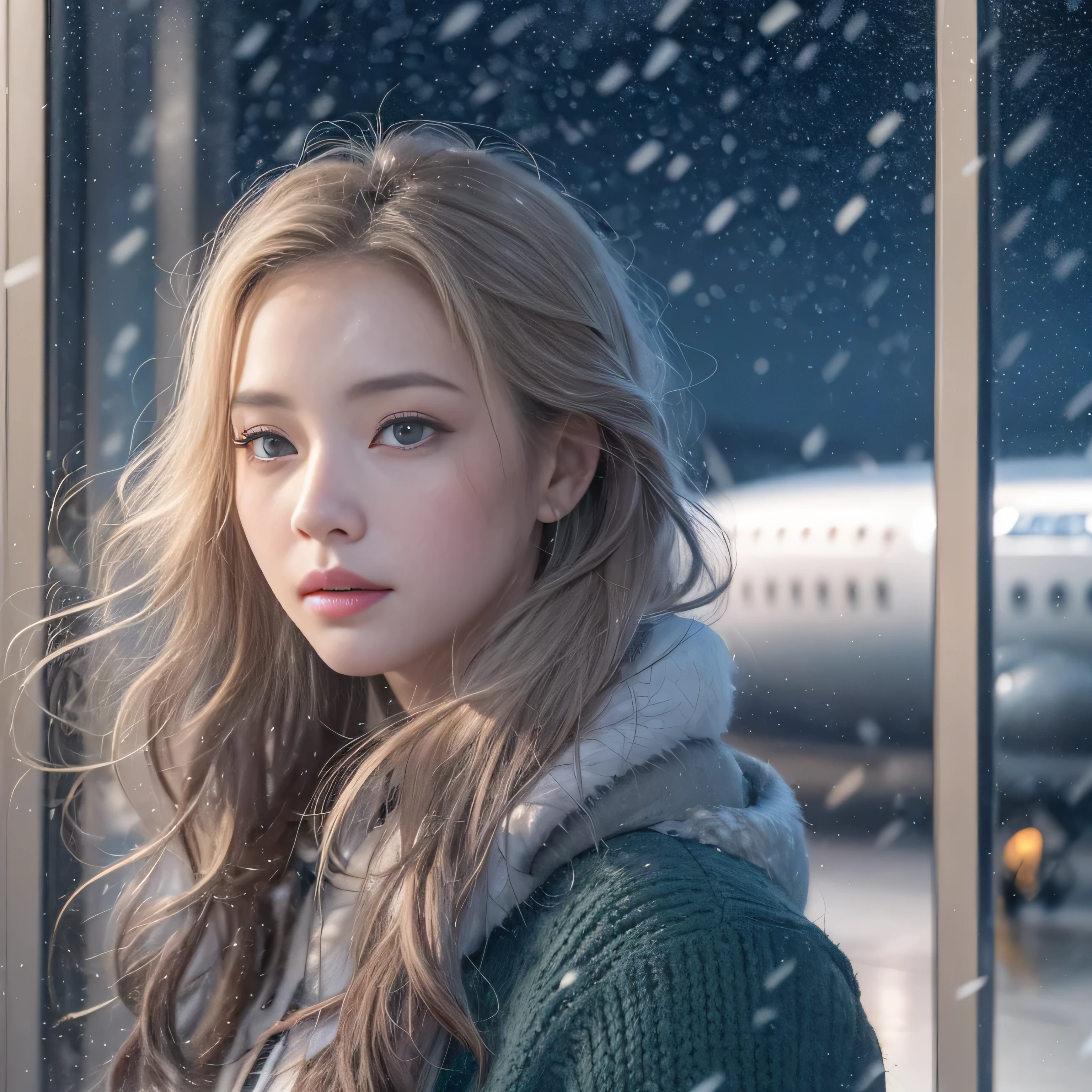 highest quality、High resolution、Super detailed、masterpiece、(Live shooting:1.5)、genuine:1.5、photogenuineistic:1.5、very delicate and beautiful、small details、1 female、(european:1.8)、Early 20s、(super beautiful)、(super beautiful顔)、(golden middle hair)、(blue eyes)、wearing makeup、(Standing in the airport departure lobby at night)、(The background is a night view of an airplane seen from the window and falling snow..)、(upper body shot)